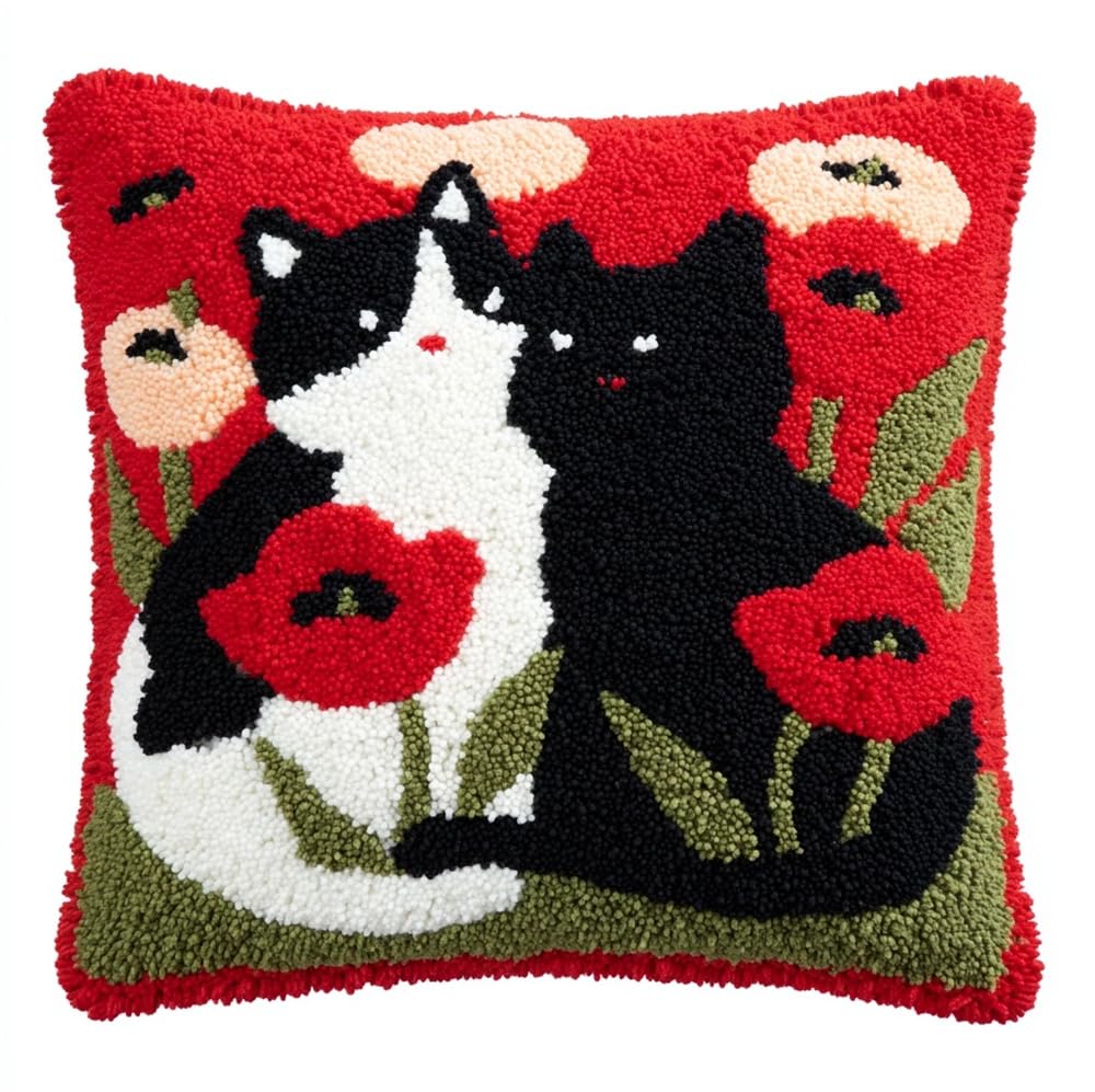 Taxpy DIY Latch Hook Kits Cat and Poppies 17X17In