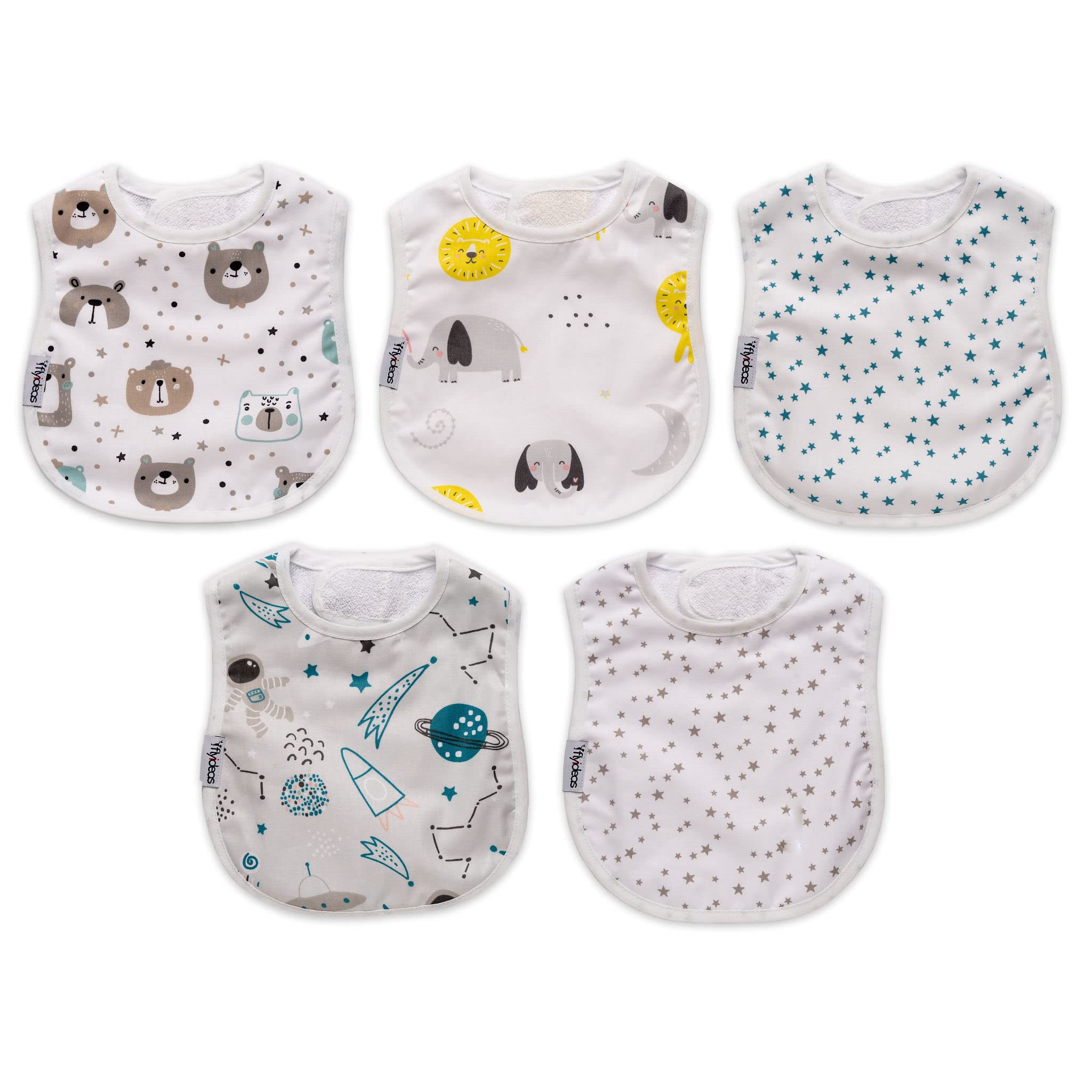 FlyIdeas Set Bavaglini Neonato Impermeabili 5 Pezzi - Bavette Pappa Svezzamento in Cotone Doppio Strato Idrorepellente, Idea Regalo per Neonati e Allattamento