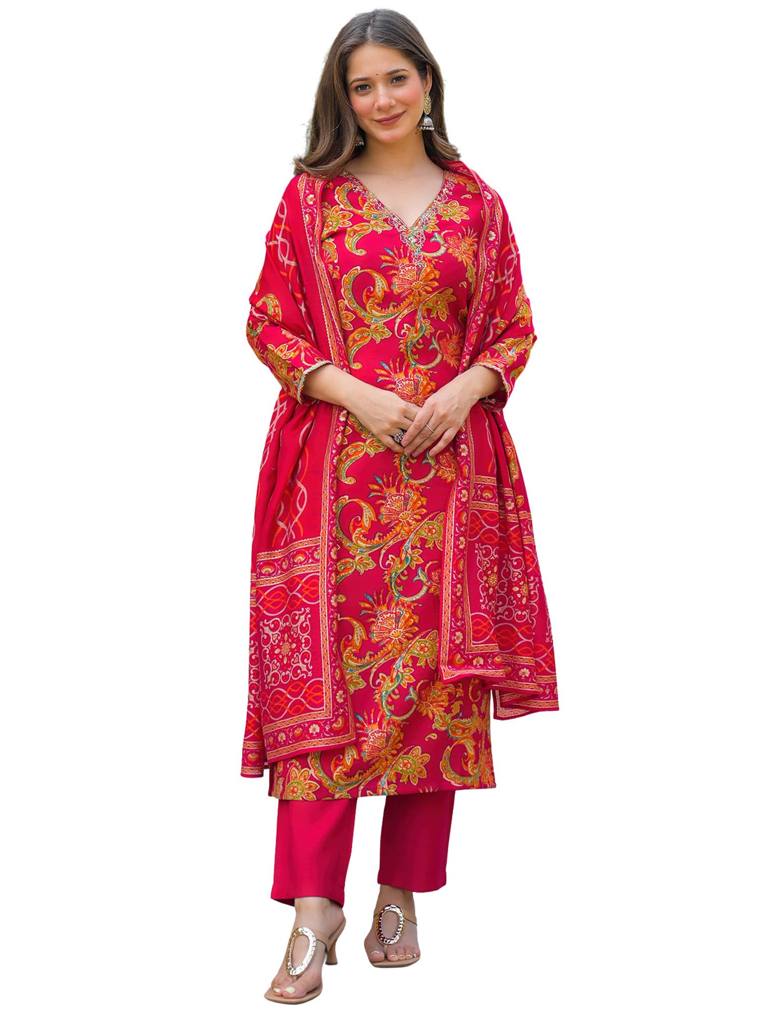 Women's Pink Viscose Printed Straight Floral Kurta Trousers With Dupatta Set | Daily Straight Kurta Set For Women | Floral Salwar Suit For Women-image-8