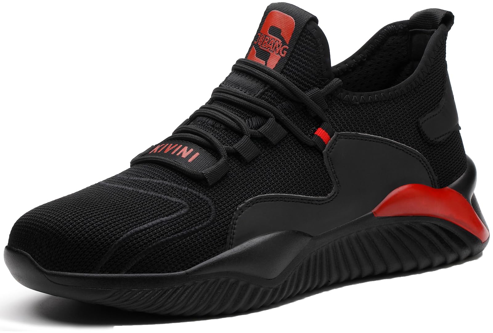 Mitudidi Obuwie ochronne buty robocze dla mężczyzn i kobiet, lekkie, stalowe noski, oddychające, antypoślizgowe, sportowe buty ochronne, rozmiar 36-46 EU, czarny, czerwony, 42 EU