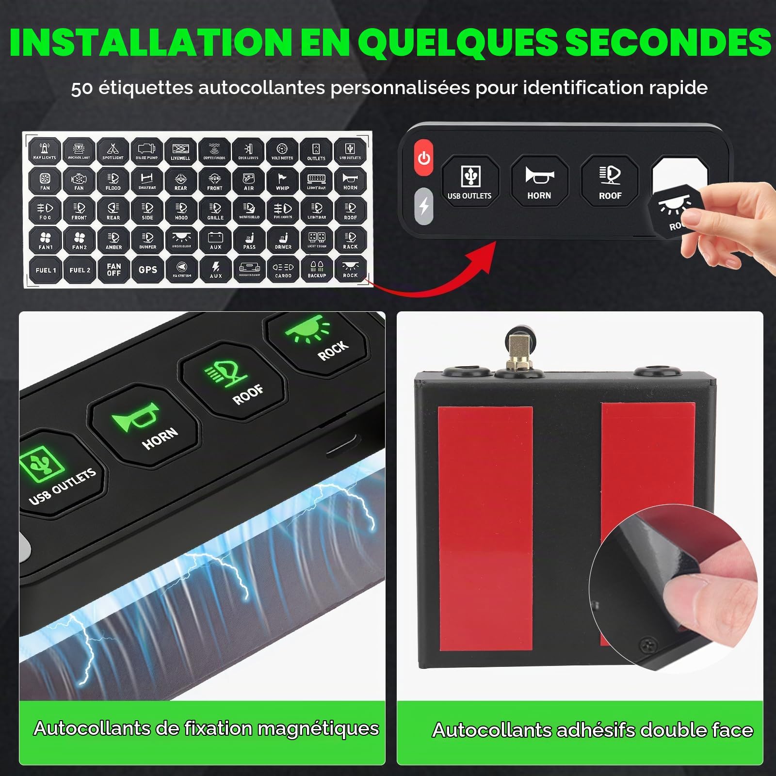 Chelhead Panneau de commande sans fil à 4 interrupteurs une rangée avec interrupteurs à bascule et stroboscope système de relais de contrôle de circuit universel 12 V-24V fixation magnétique