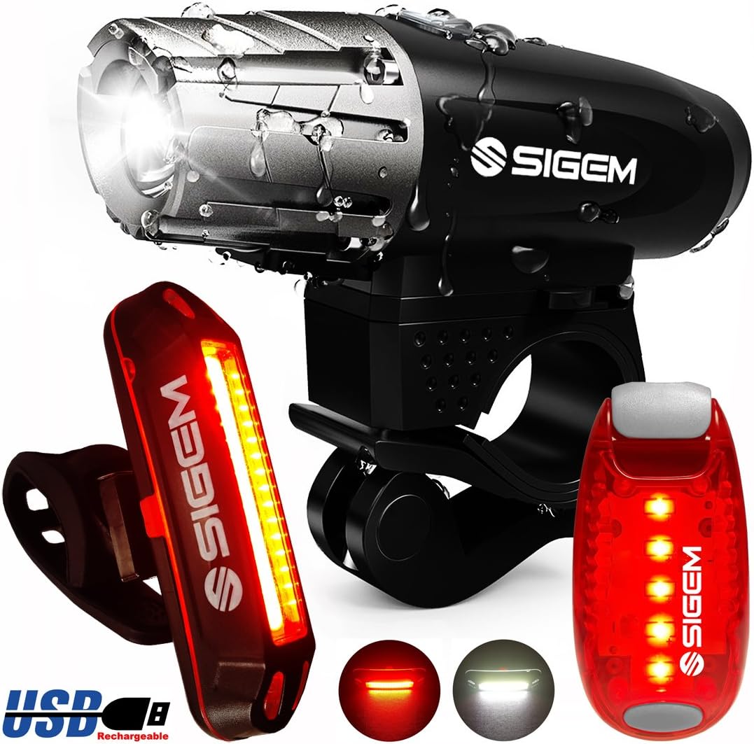 SIGEM Bike Light Set, (3 Pack) Ultra Bright, USB Rechargeable, LED Front Headlight, Rear Taillight and Helmet Light. Bicycle Head & Tail Lights are Waterproof, Easy to Install.