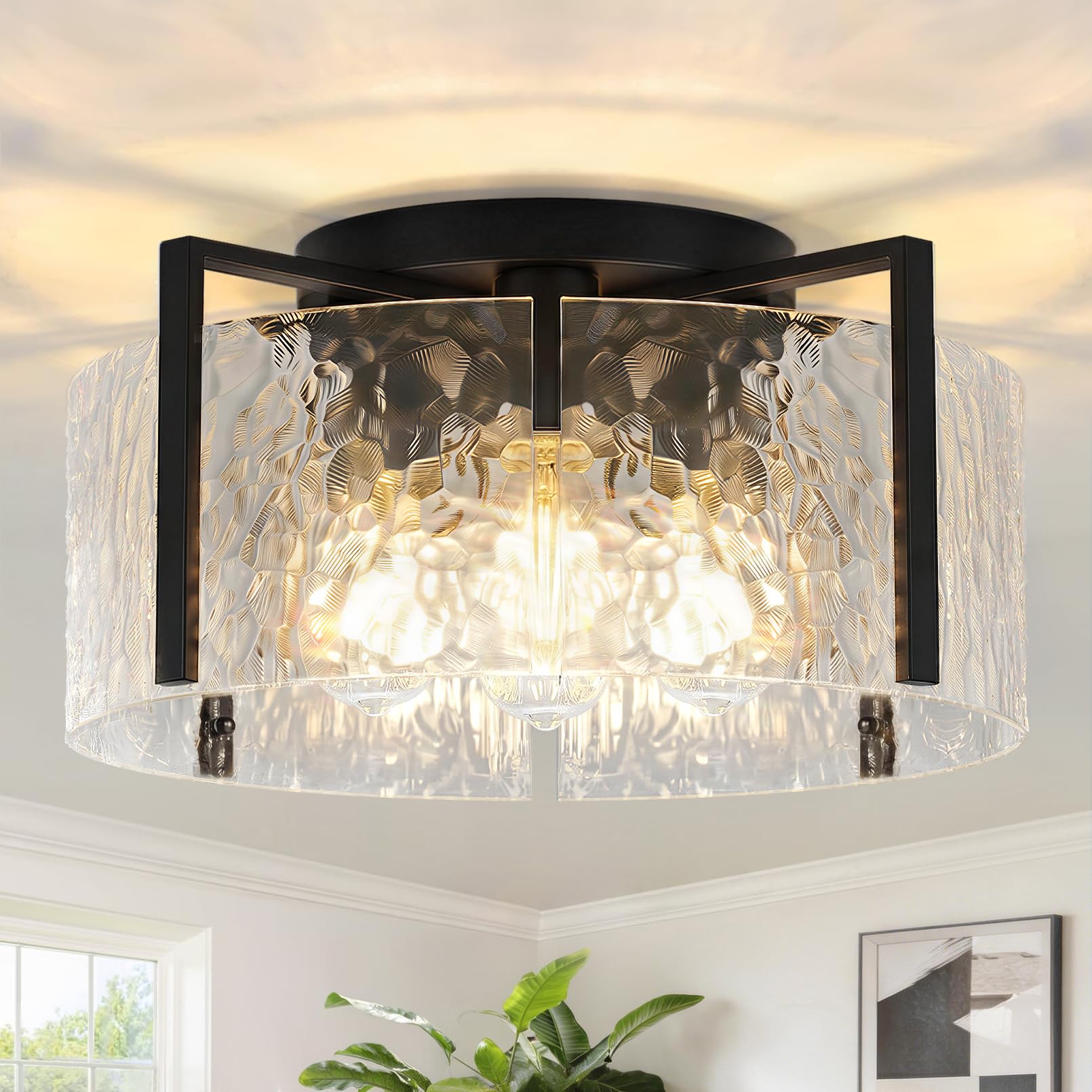16-Inch Semi-Flush Hammered Glass Ceiling Light