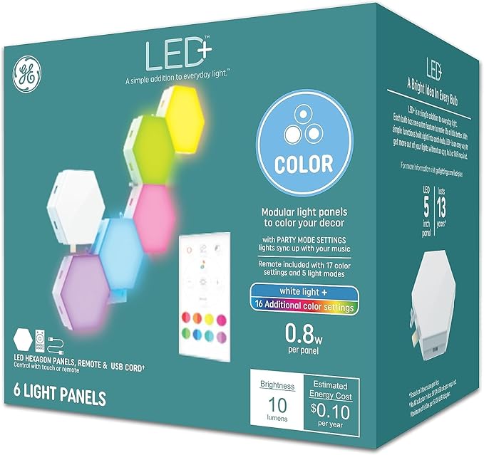 GE LED+ Color Changing LED Hexagon Tile Panels with Remote, College Dorm Light, Dorm Room Essentials, Bedroom Light, No App or Wi-Fi Required (6 Pack)