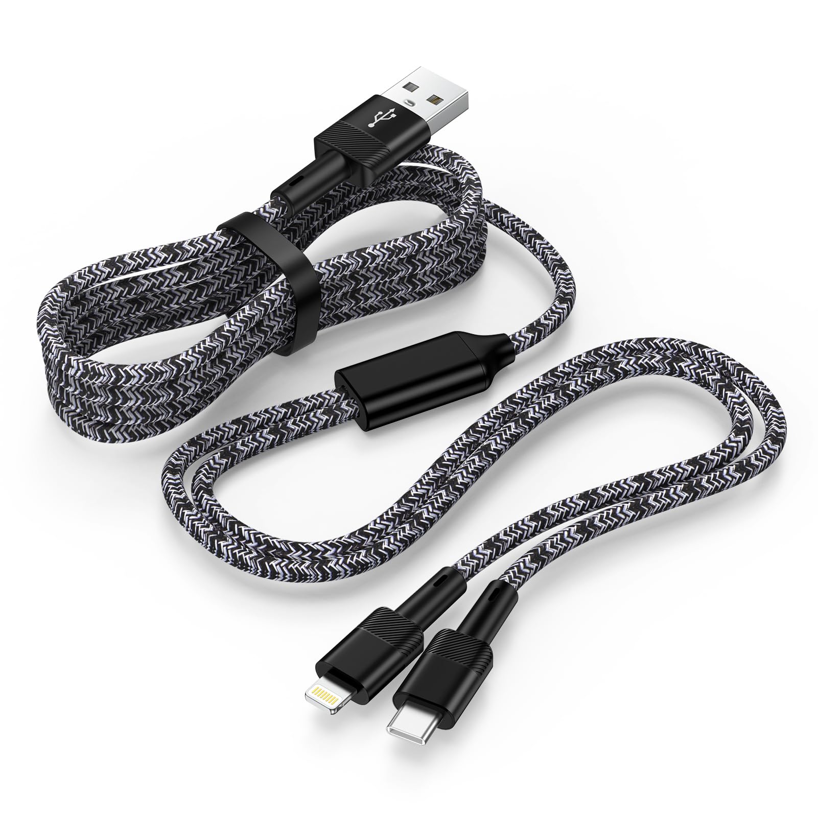 2in1 iPhone 充電ケーブル 1.2m 充電ケーブル 2.4A&3A 急速充電 USB-A to USB-C & Lightning ケーブル ライトニングケーブル Type-c アイフォン usb 充電コード 高耐久ナイロン編み 2台同時充電対応 iPhone 16/15/14/13/ Pad/USB-C 機器対応 ブラック