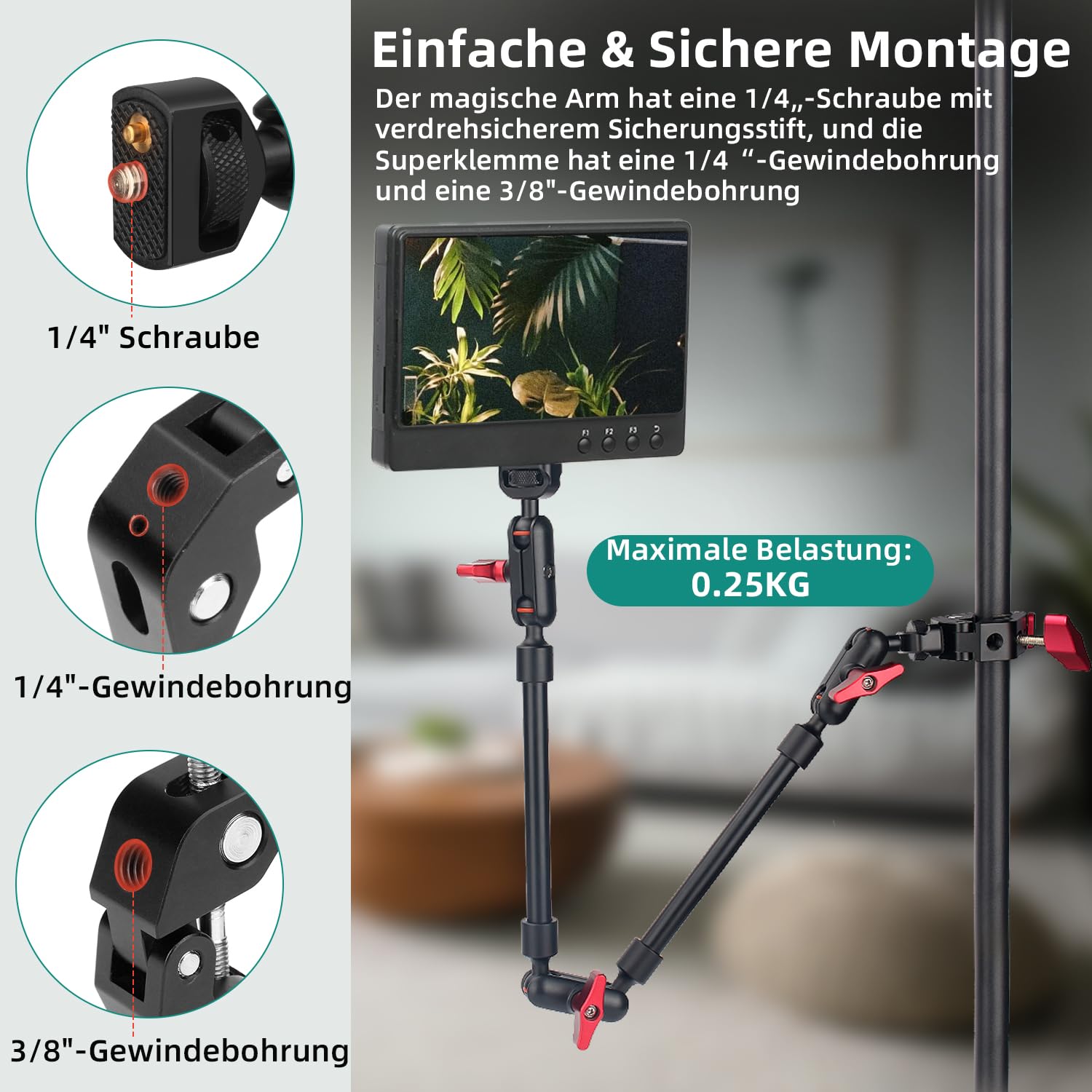22"/56cm Magic Arm mit Super Clamp, Flexibel Kamera Tischstativ & Klemme, Kamera Halterung für Action Kamera, Webcam, Mikrofon - rot-schwarz