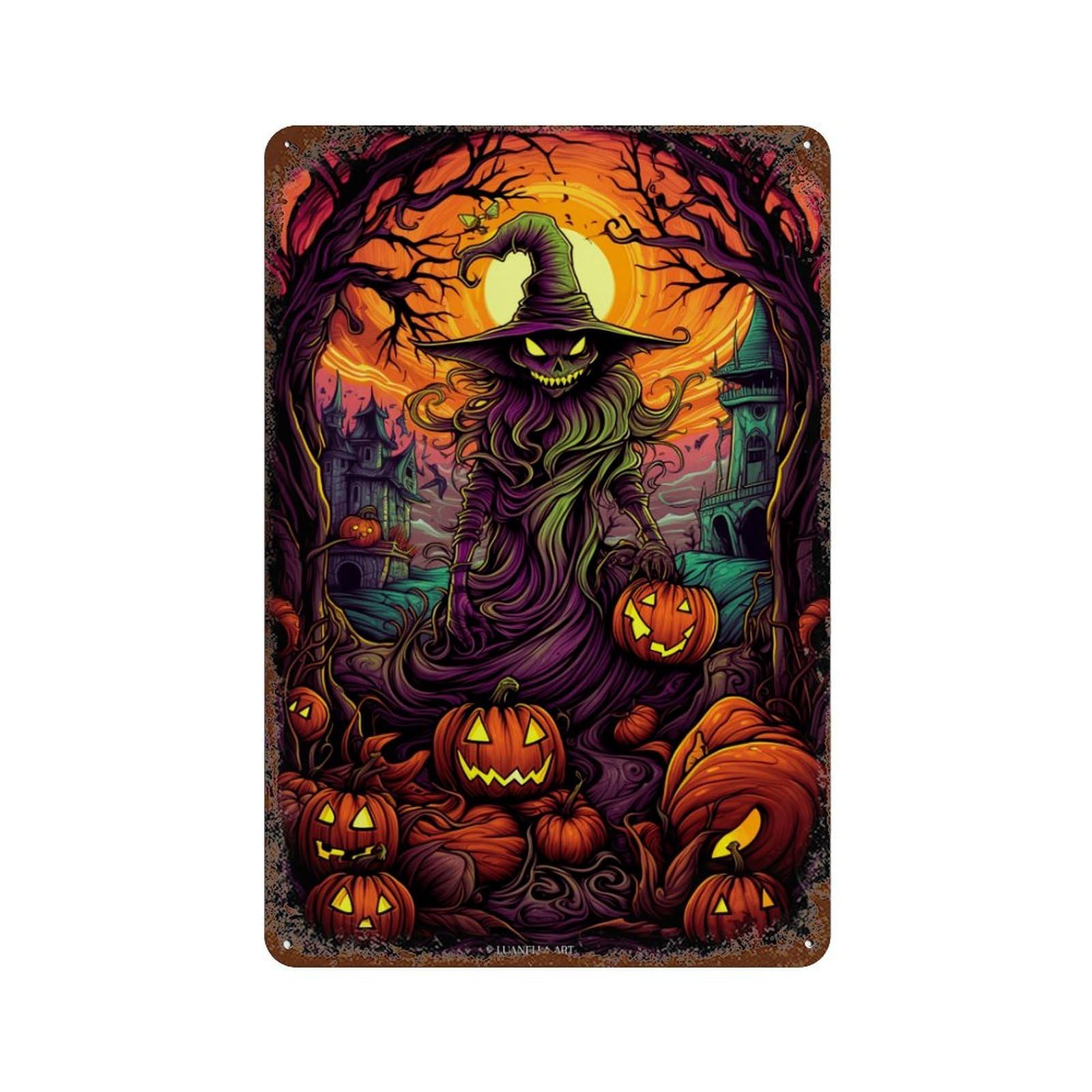 Halloween Witch with Pumpkins 11.8"x7.9" Vintage Rust Metal Sign, Novelty Wall Decor for Living Room, Hallway And Home Decor