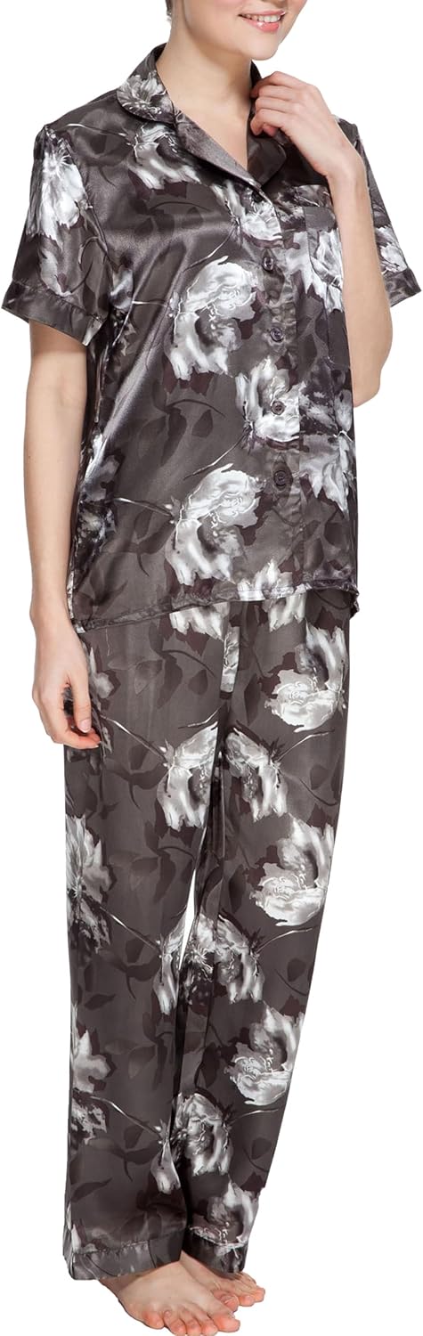 Lavenderi Women's Short Sleeve Classic Satin Pajama Set - Soft Silky Sleepwear for Women, Comfortable & Stylish