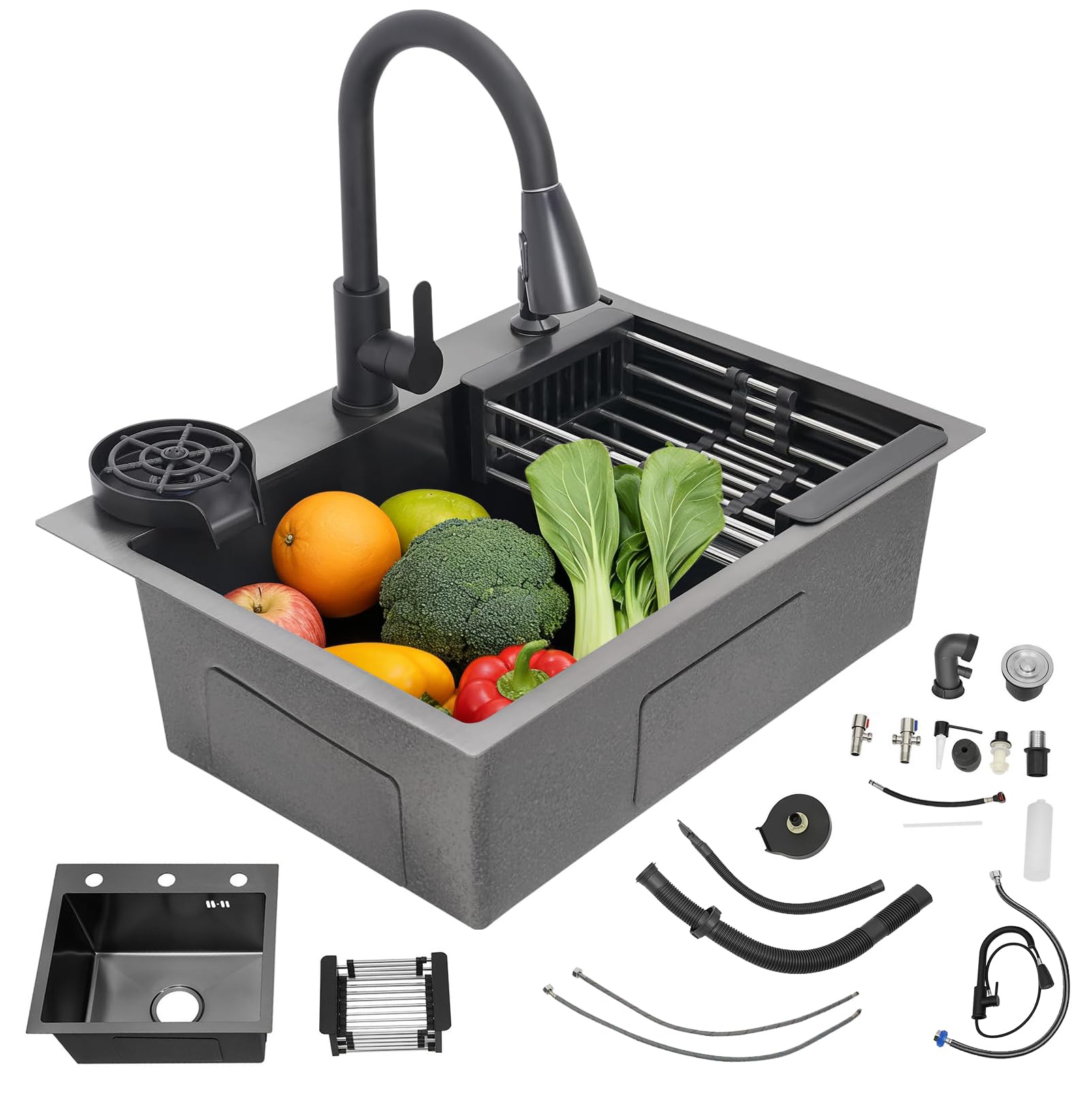 Fregadero negro 50x45 cm, fregadero de cocina de acero inoxidable, lavabo de cocina con grifo extraíble, dispensador de jabón, fregadero de cocina pequeño de acero inoxidable, fregadero empotrado incl