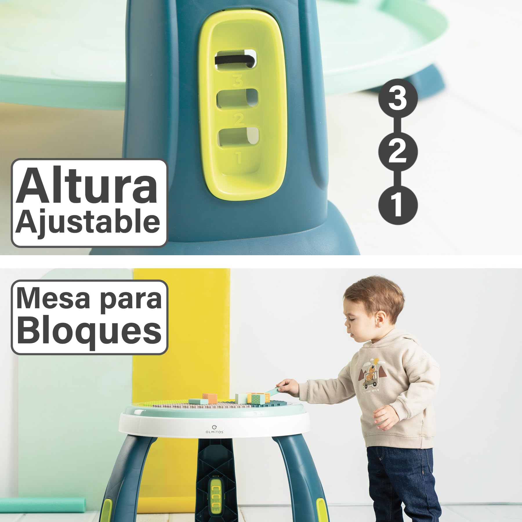 Olmitos - Centro de Actividades 2 en 1 para bebé con Saltador CROK - Mesa de Juegos y Juguetes Desmontables | Asiento Giratorio 360º y Plataforma Ajustable (Dots)