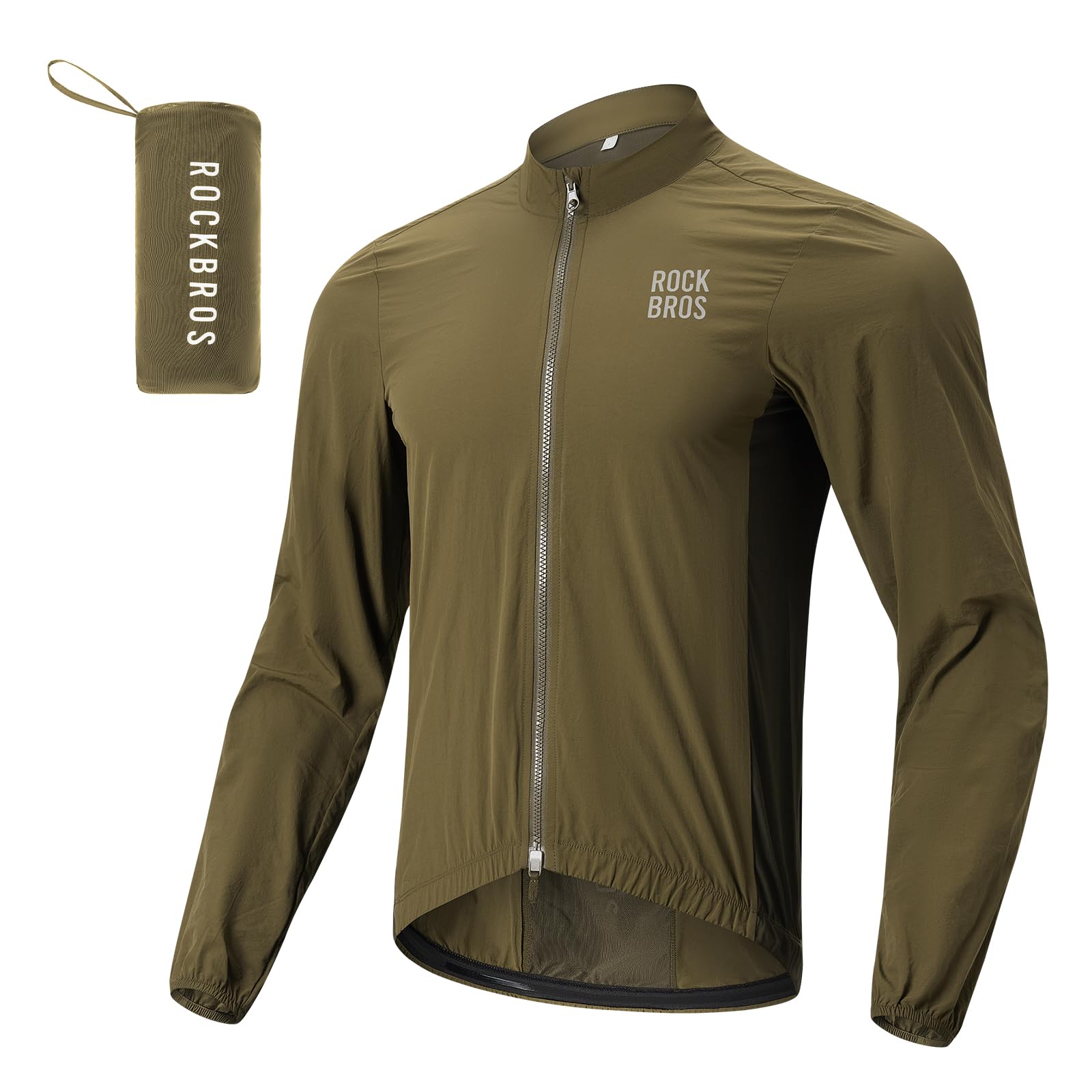 ROCKBROS Męska wiatrówka, oddychająca kurtka rowerowa z ochroną podbródka, długi rękaw z kieszenią, czarny/brązowy M-4XL