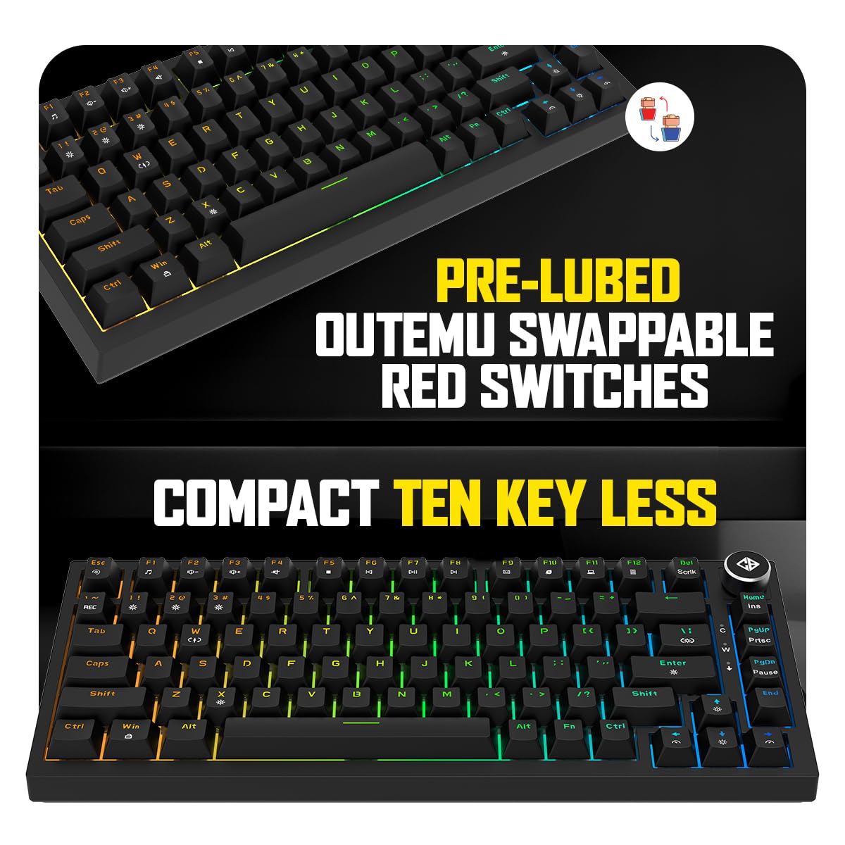 Cosmic Byte CB-GK-43 Phantom TKL Gasket Mechanical RGB Wired Keyboard, Pre-Lubed Outemu Red Switches, 1000Hz Polling, Software, Per-Key RGB, Swappable Switches, Volume Roller, USB C Port (Black) — Amazon image 3