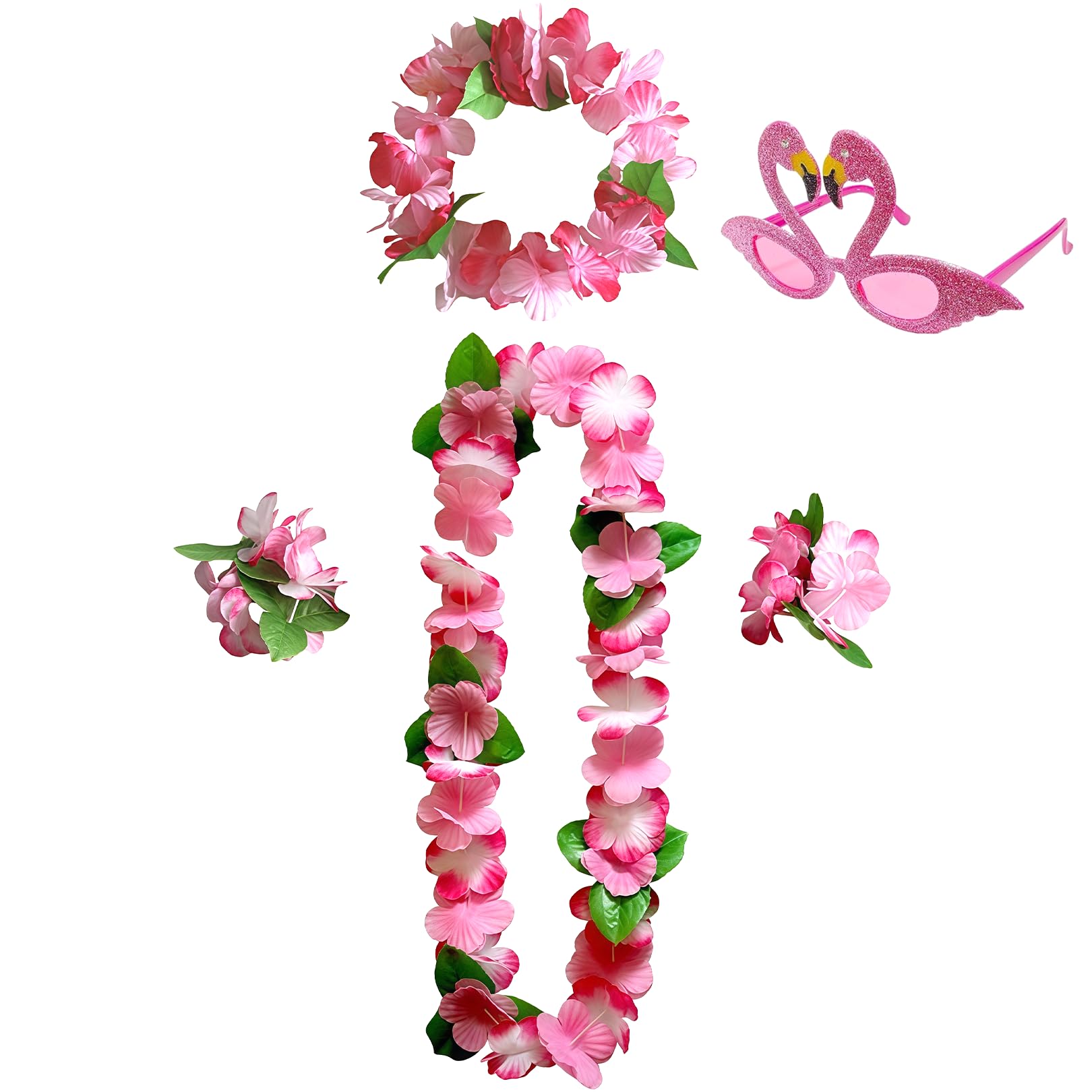 Moorlan Hawaiian Fancy Dress Set,5 PCS Tropical Luau Garland Accessories with Flower Necklace,Headband,Bracelets,Sunglasses,hawaiian party decorations for Adults & Kids, Luau Beach Party Costume Set
