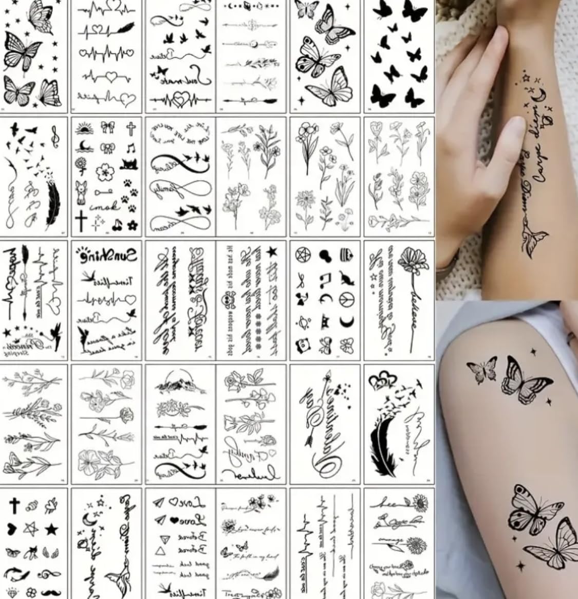 30 Sheets Fine Line Temporary Tattoos - Realistic Removable Body Art, Words, Patterns, Flowers, Botanical Leaves - 100s of Festival Tattoos