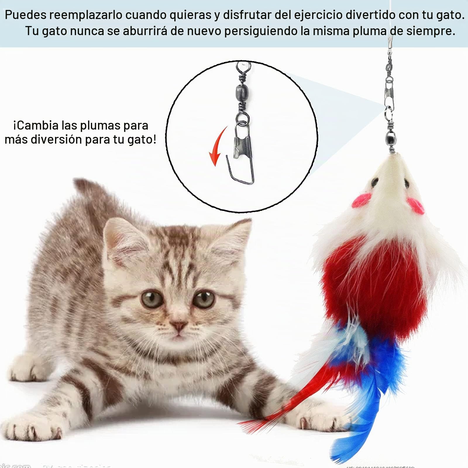 9 Piezas Juguete Plumas Gato,Juguetes para Gatos Caña Gato,1 Varita Retráctil,con 8 Repuestos de Plumas, Pájaros y Ratones