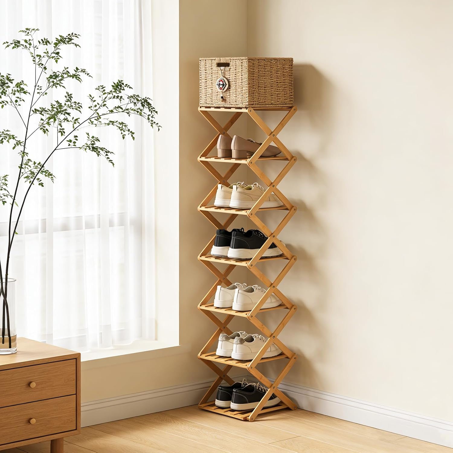 Tall Narrow Foldable Shoe Rack, 7 Tier No-Assembly Wooden Vertical Folding Shoe Storage Rack, Space-Saving Shoe Organizer Multifunctional Shelf for Entryways, Corridors, Bedrooms Corner