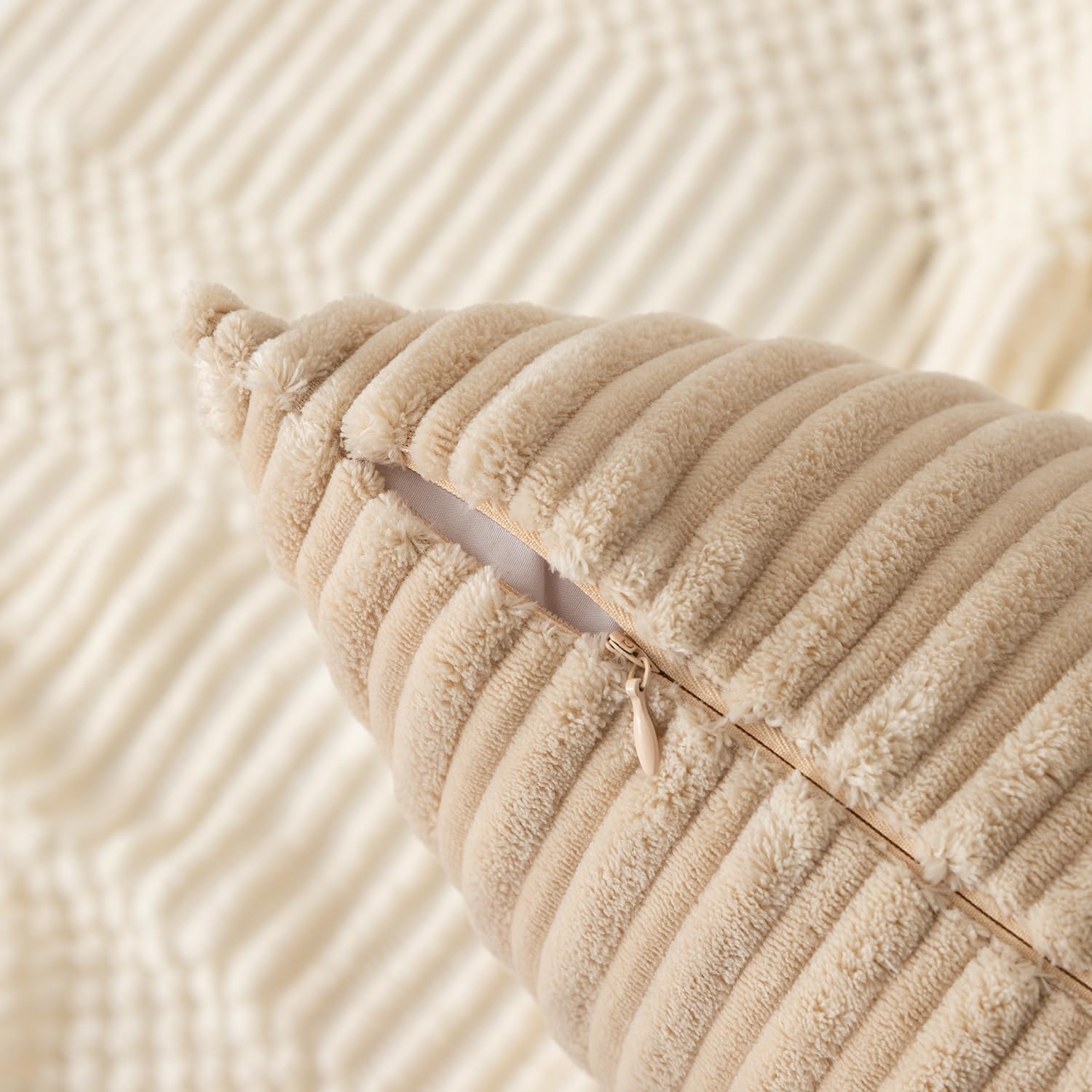 Kevin Textile Throw Pillow Covers Soft Corduroy Decorative Set of 2 Boho Striped Pillow Covers Pillowcases Farmhouse Home Decor for Couch Bed Sofa Living Room 24x24 Inch Beige