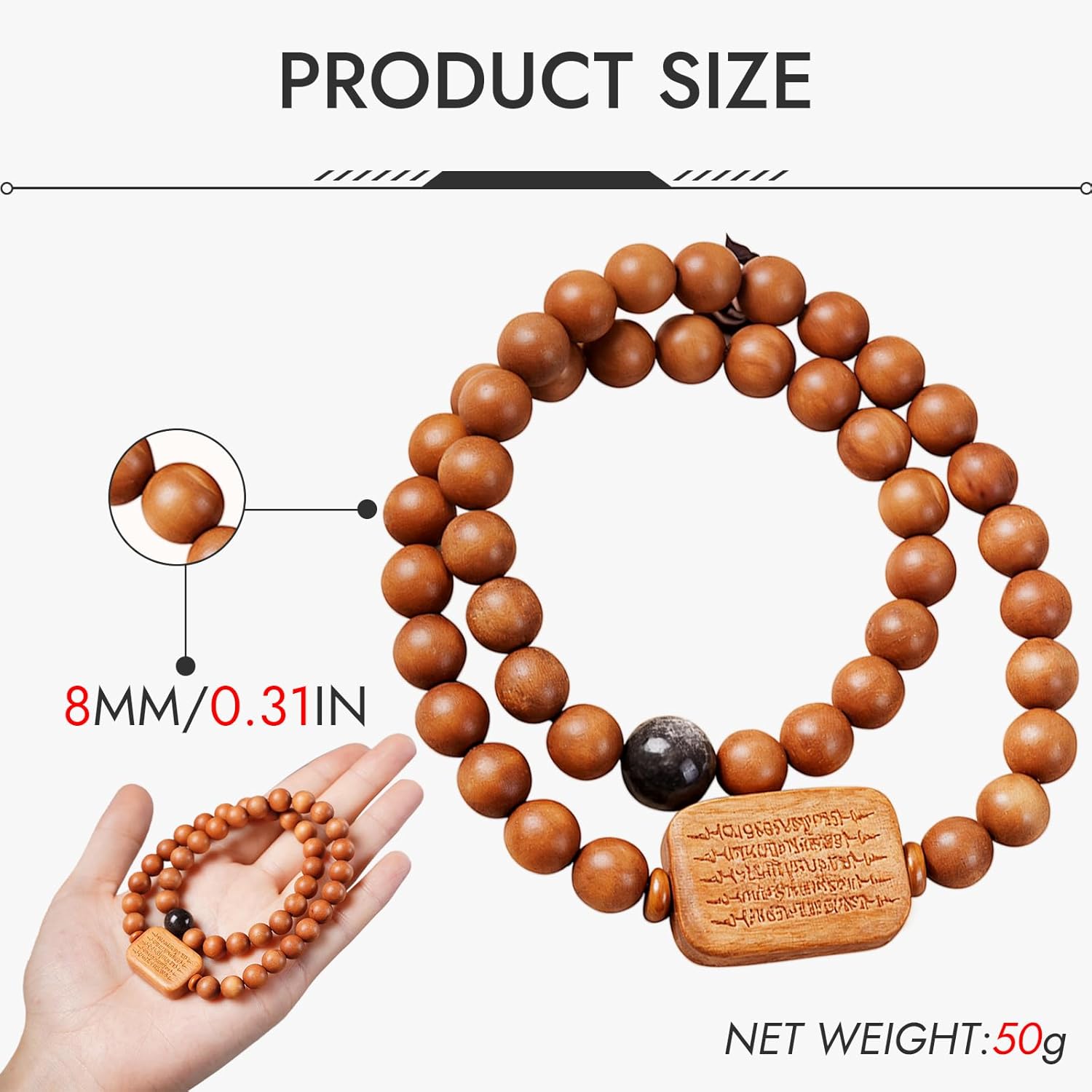 Handcrafted Natural Wood FengShui Meditation Bracelet/Necklace, 8mm Beads with Peace Scripture Amulet, Yoga Prayer Mala - Image 2
