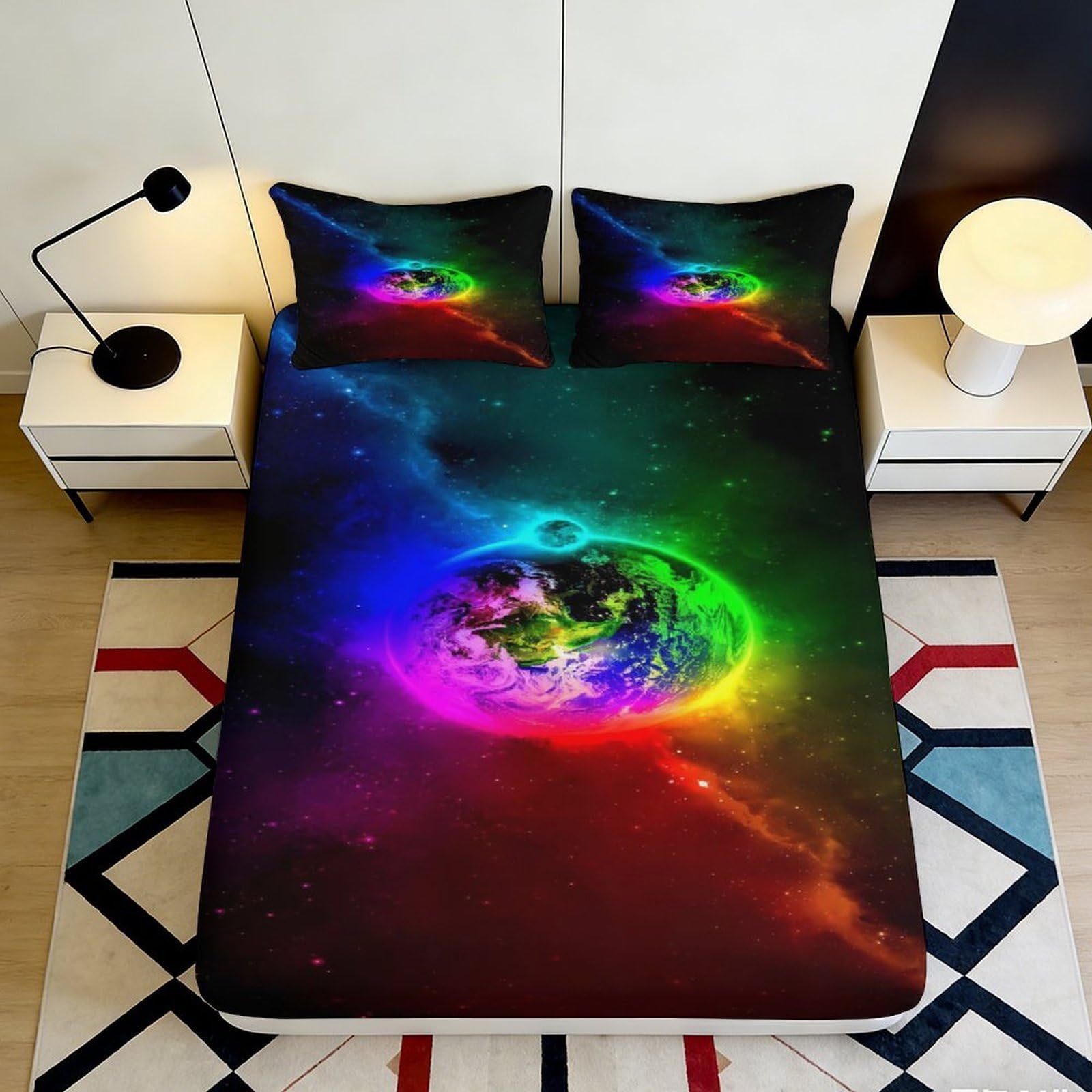 3D Printed Galaxy Starry Sky Fitted Sheet Microfiber Rainbow Cosmic Nebula Bed Cover for Bedroom Dorm Mattress Protection Decor 90x200x25cm