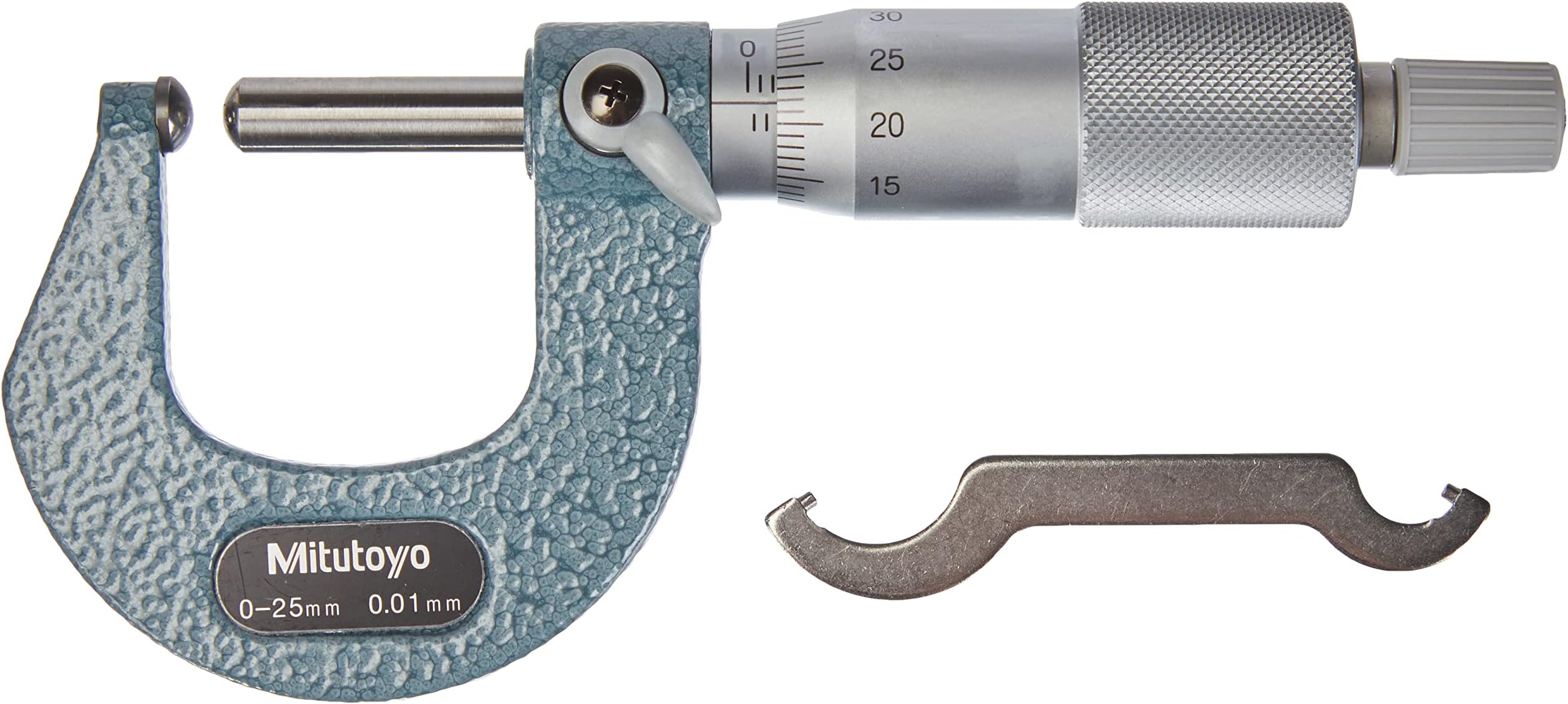 115-215 spherical face micrometer, ratchet stop, 0-25mm range, 0.01mm graduation, +/-0.003mm accuracy, spherical spindle
