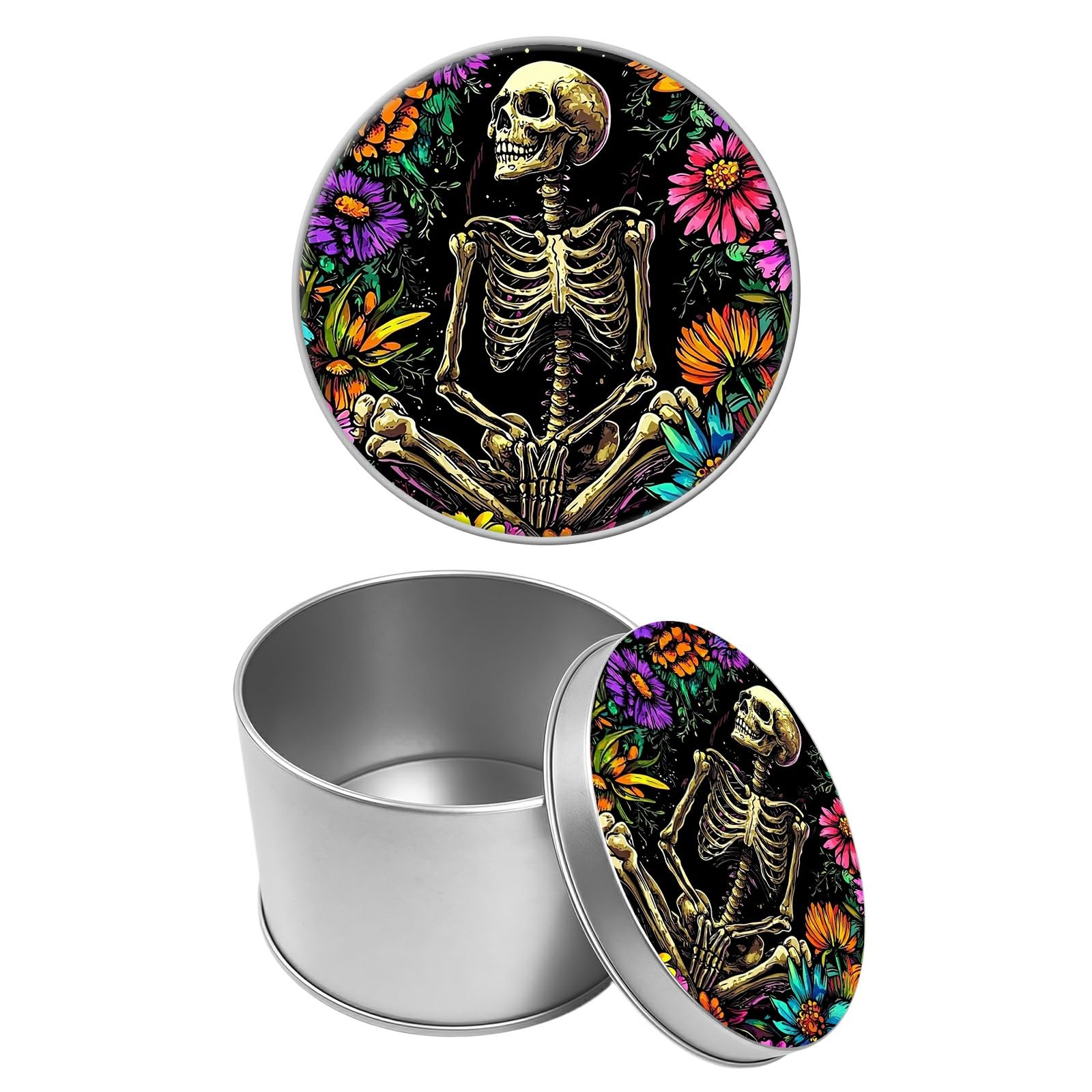 Round Metal Tin Container with Removable Lid, Sugar Skull Flowers Durable Metal Storage Box for Cookies Spices Tea Candies Cakes Jewelry Cosmetics 3.54 x 2.36 inch– Single Pack