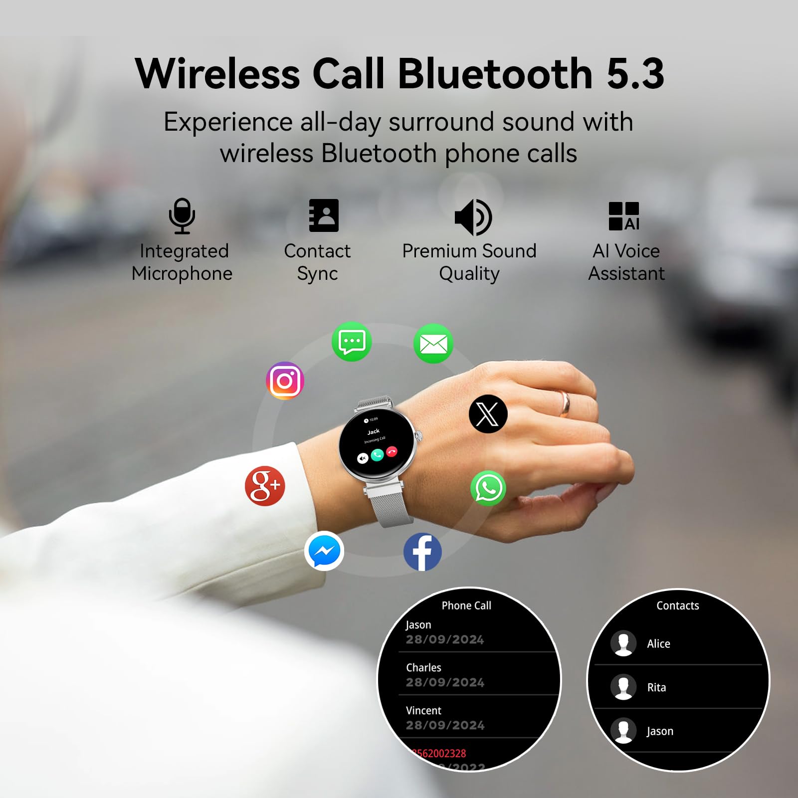 Bebinca Orologio da donna con funzione telefono, touch screen quadrato HD da 1,32", tracker fitness, impermeabile IP68/frequenza cardiaca/120+ modalità sport per Android iOS (Argento)