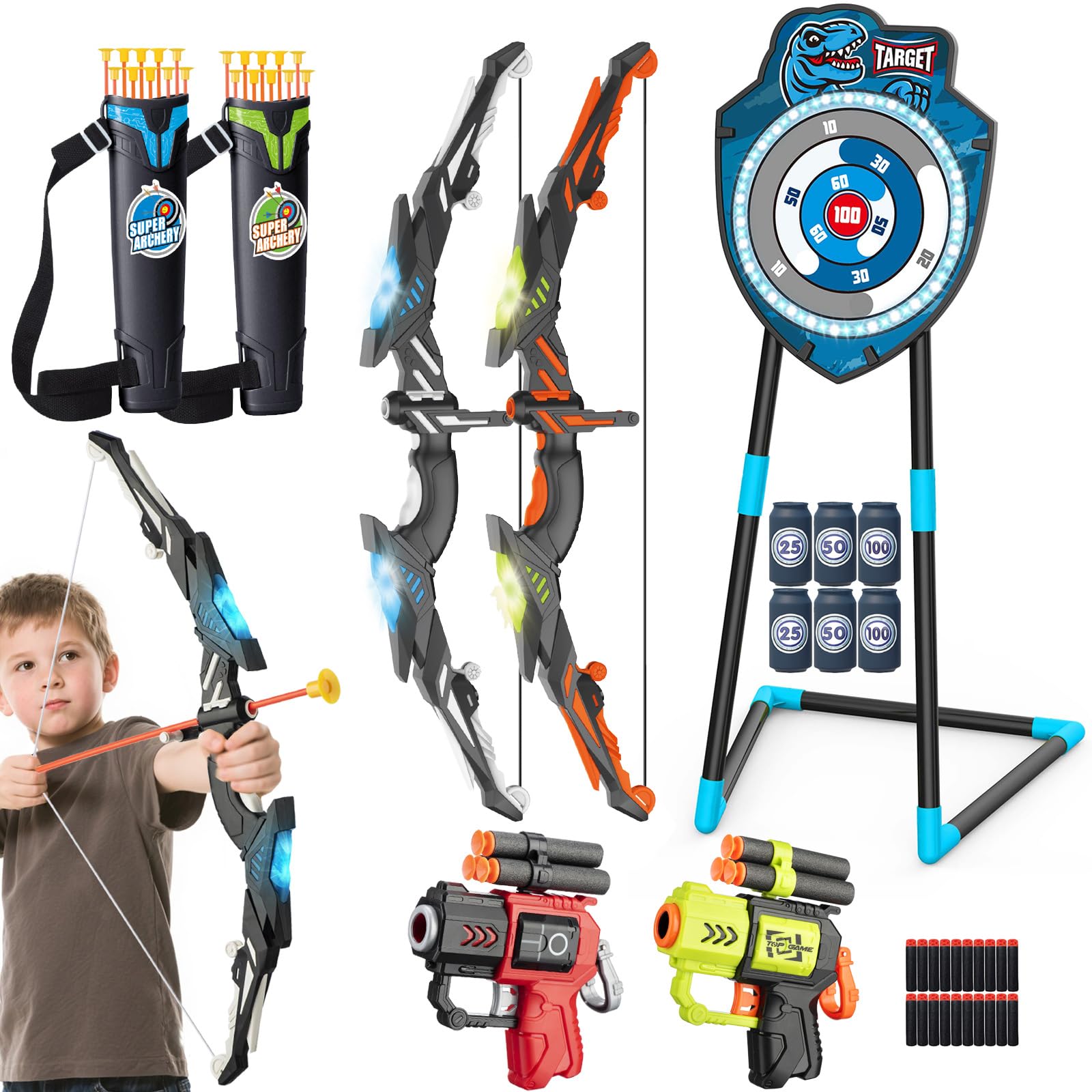 LED Archery Set for Kids 4-12 Years - Includes Bow & Arrows, Standing Target - Outdoor Sports Toy for Boys & Girls (Blue/Green)