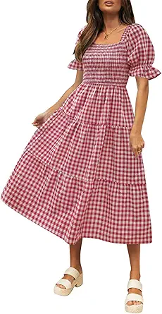 ZESICA Women's 2023 Bohemian Summer Plaid Square Neck Puff Sleeve Ruffle Flowy Beach Midi Dress