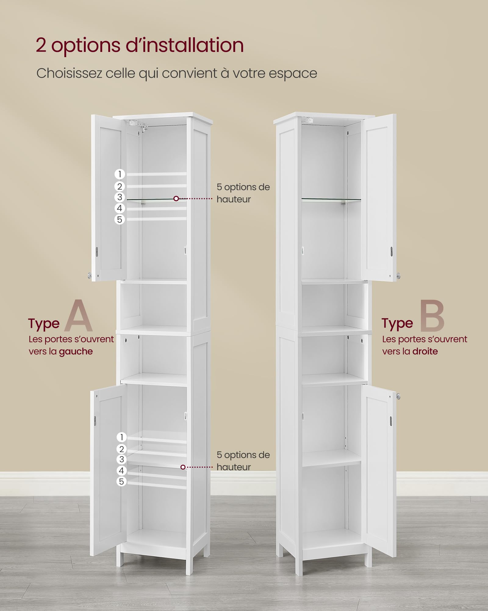 VASAGLE Meuble De Salle De Bain, Buffet, Armoire, Placard De Rangement