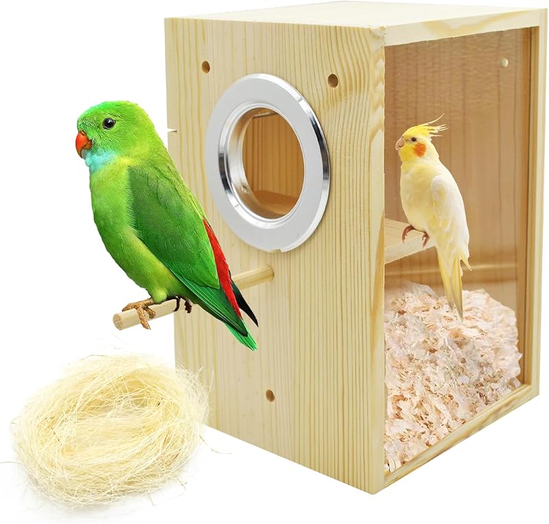 Caja nido vertical para periquitos, caja nido para pájaros transparente, casa para periquitos de madera natural para jaula, nido de cría de periquitos de acrílico transparente para periquitos, cacatúas, loros, periquitos, conure, pinzones