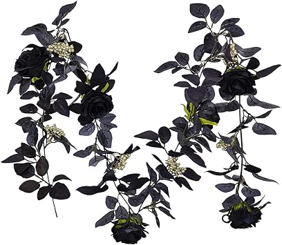 BFYDOAA 180cm Artificial Black Rose Vine Halloween Hanging Rose Flower Garland with Berries for Table Centerpiece,Fireplace Door Frame Backdrop Decor