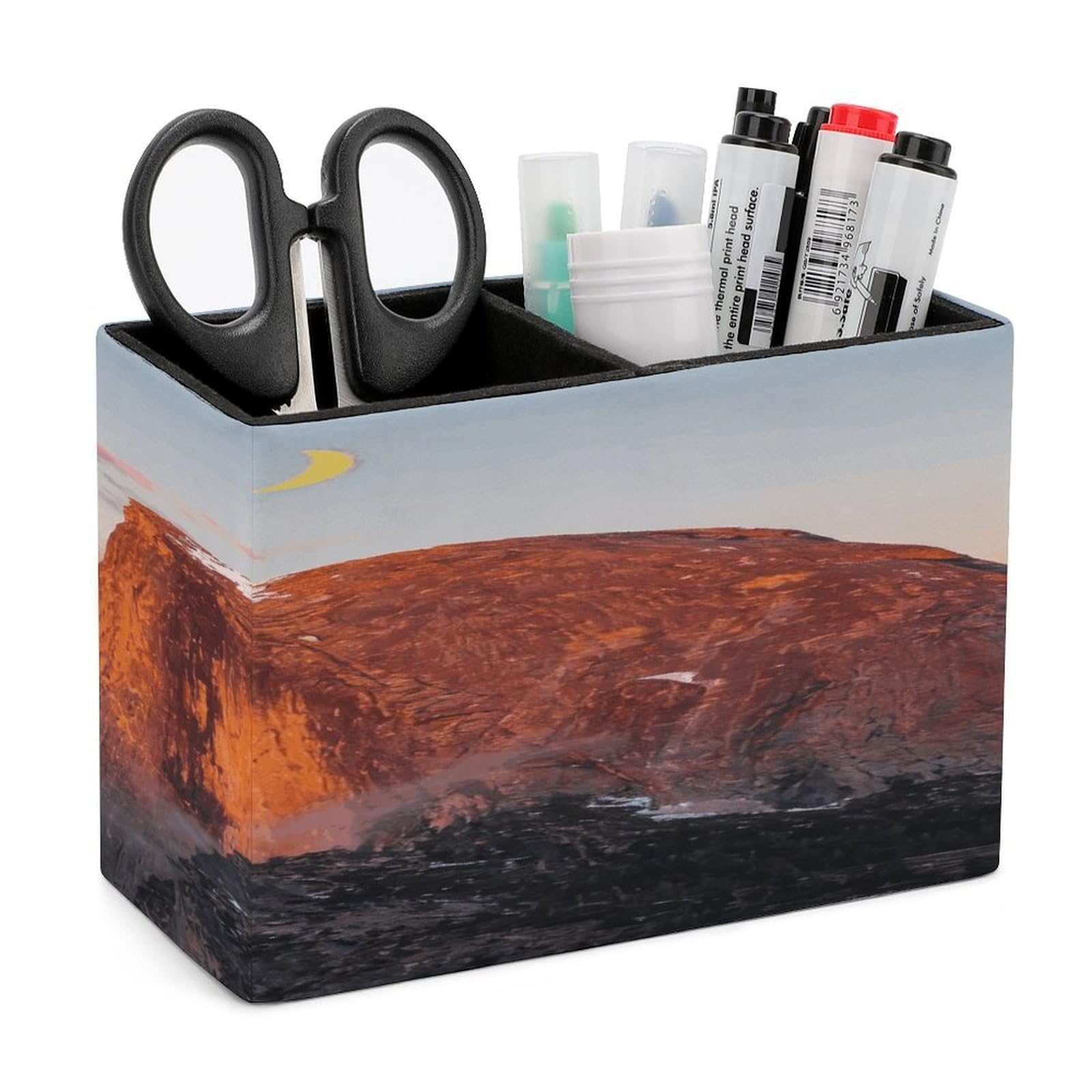 LZQPOEAS Red Rock Carrying The Moon Pen Holder Double Compartments Pen Cup Makeup Brush Holders Leather Pencil Holder Locker Organizer for Work Locker Accessories Modern Pencil Cup for Desk