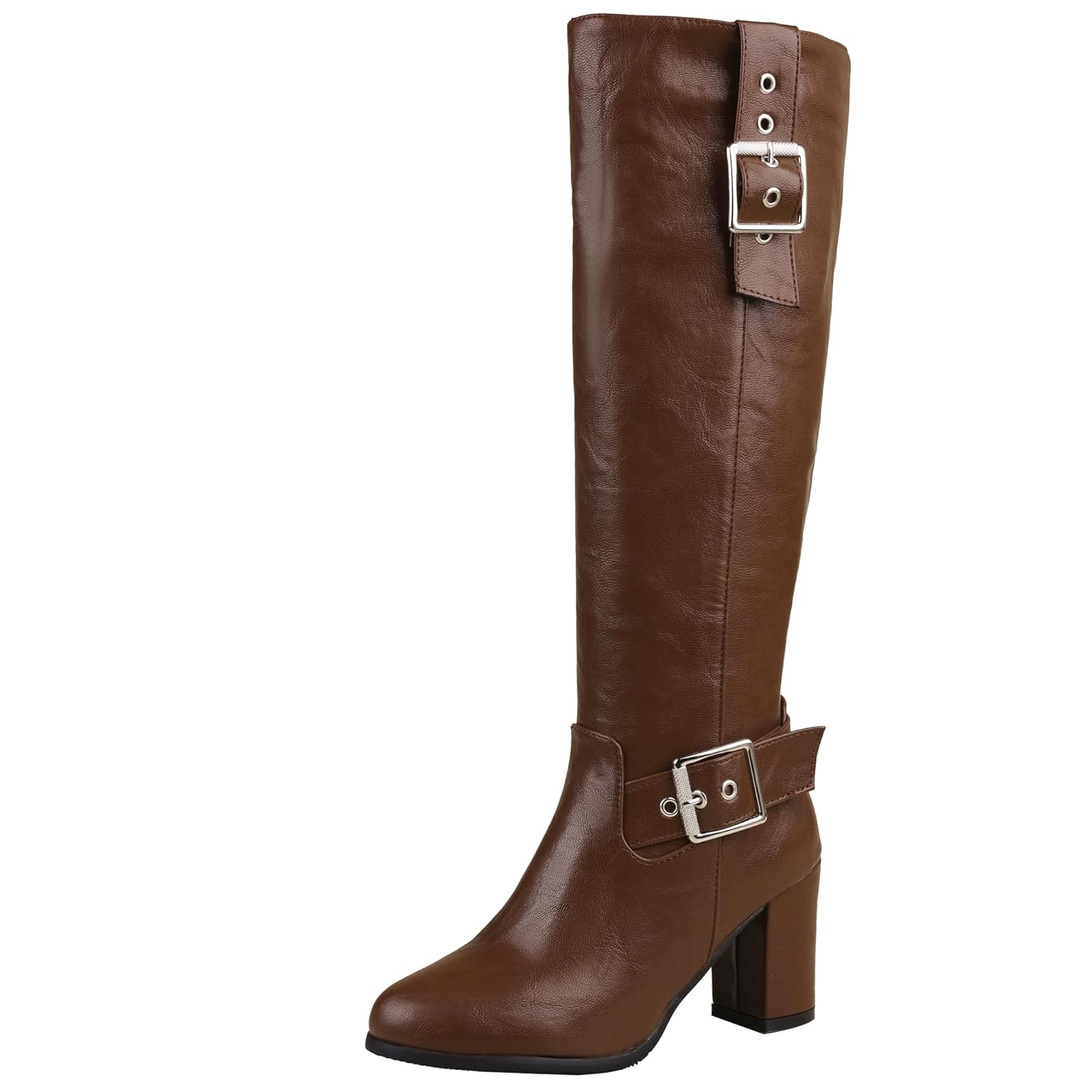 Womens Block Heel Knee Side Zip Biker Boots with Metal Buckle Decoration