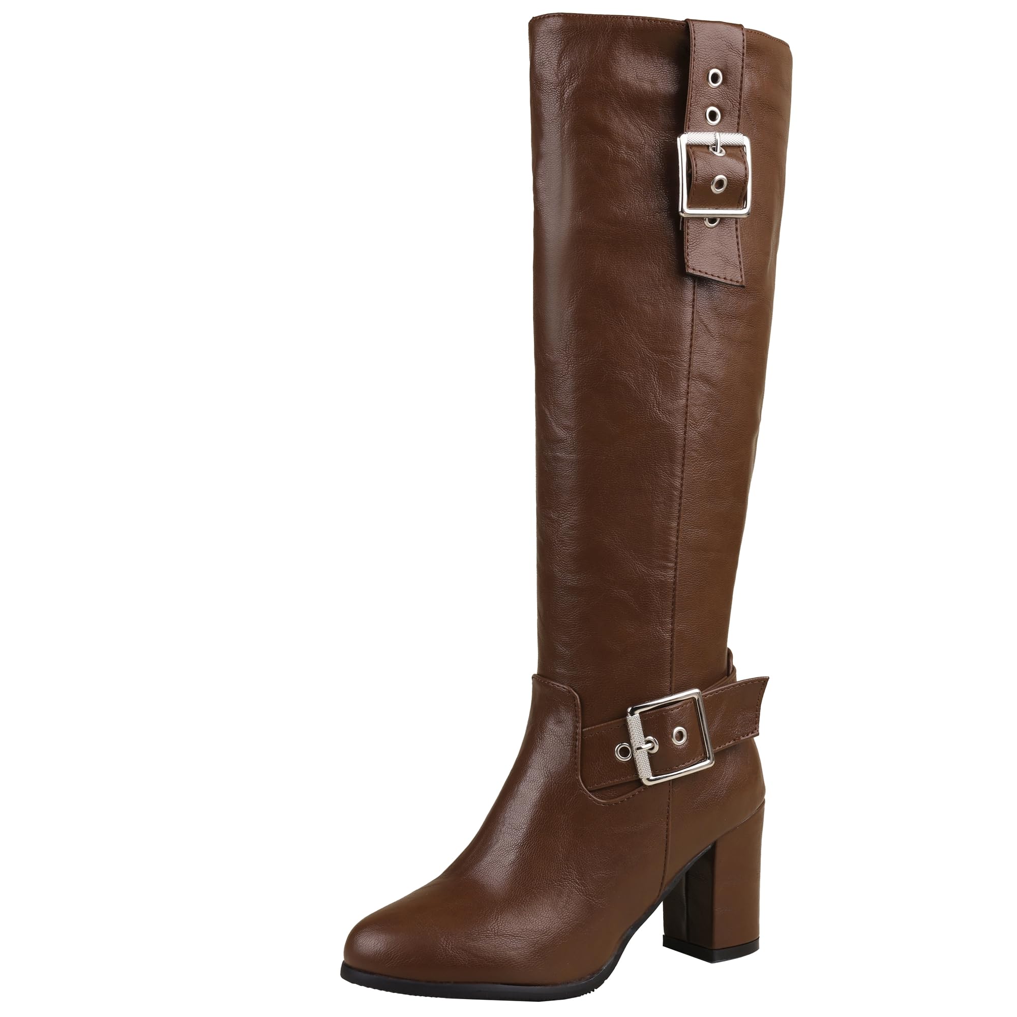 Womens Block Heel Knee Side Zip Biker Boots with Metal Buckle Decoration