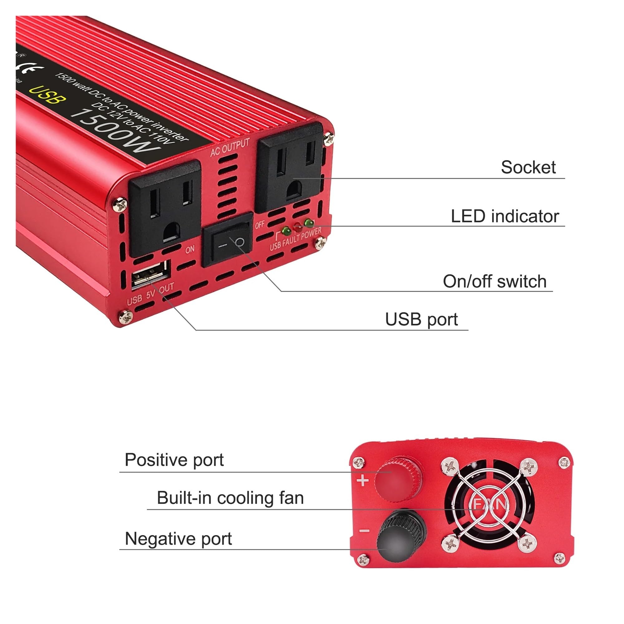 Inversor Corriente Inversor Portátil 1500 W 2000 W 2600 W 12 V 110 V 60 Hz para Uso Doméstico con Enchufe Estadounidense Accesorios para Automoción Convertidor(12V 2600W US 60HZ)