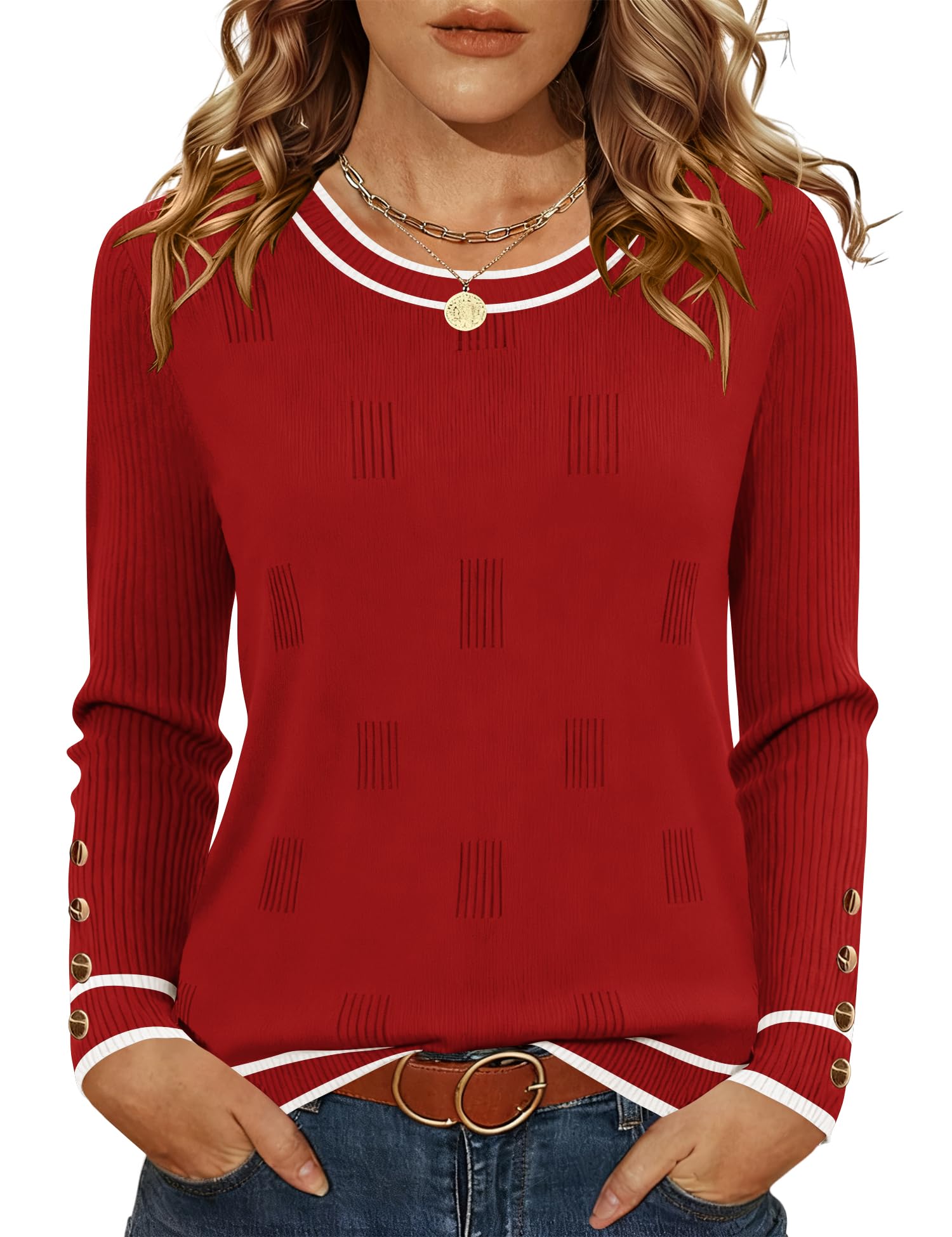 AKEWEI Womens Sweaters Long Sleeve Crew Neck Lightweight Knit Pullover Tops with Decorative Buttons