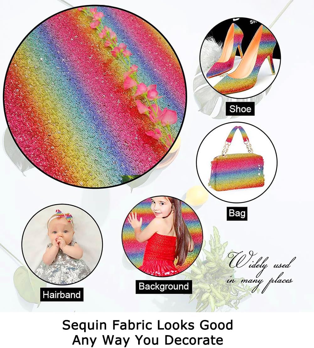 ShinyBeauty Rainbow Sequin Fabric 5 Yards - Colorful Mesh for Making Dress, Pillow Cover, Table Decor, Squares, Sparkle DIY, Party Decor