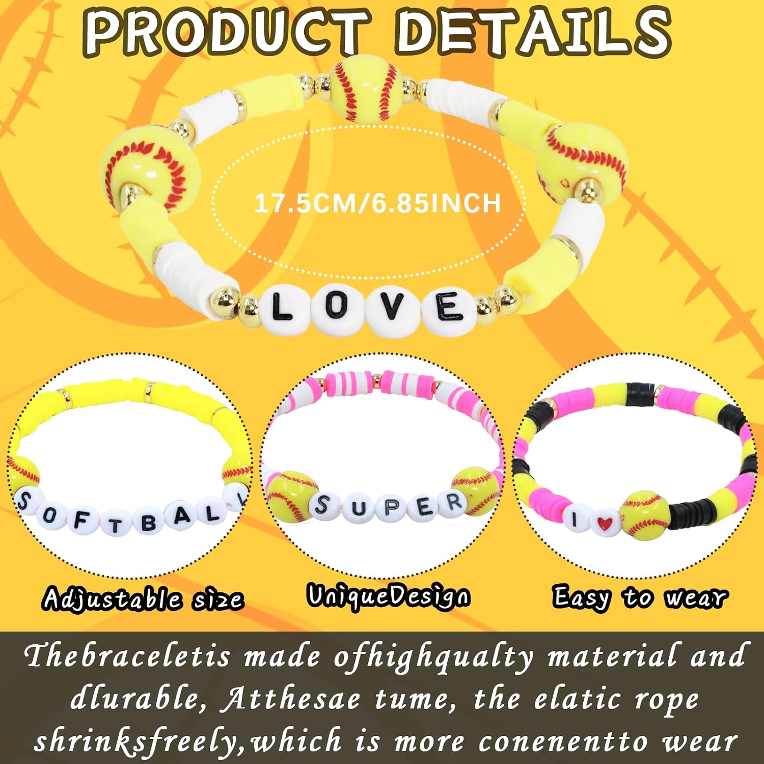 48pcs Sports Charm Bracelets, Soccer Softball Basketball Player Gifts Beaded Ball Adjustable Clay Bracelets Jewelry Sports Gifts Supplies for Teen Adults