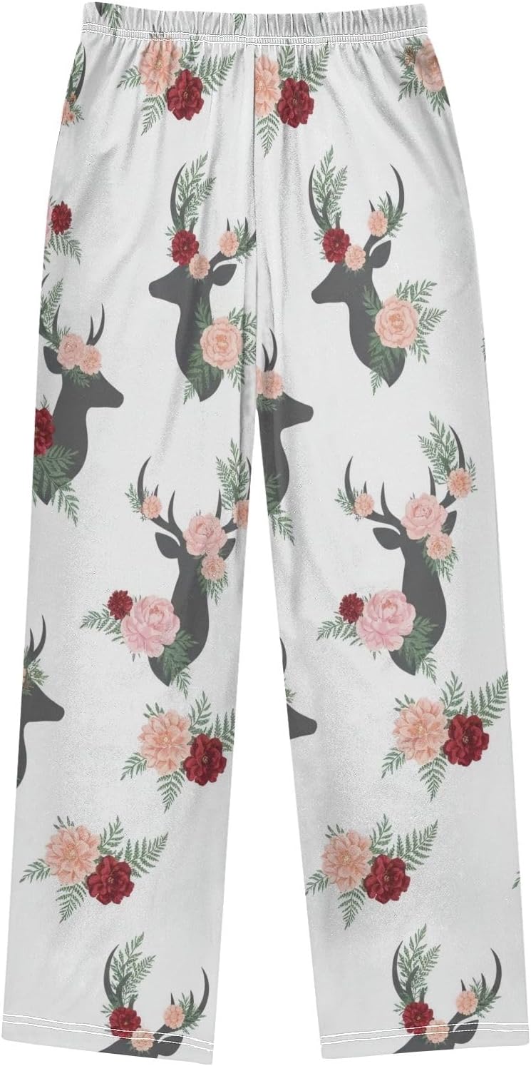 Retro Deer Floral White Pajama Pants Soft Cozy Lounge Sleepwear with Pockets, Elastic Waist