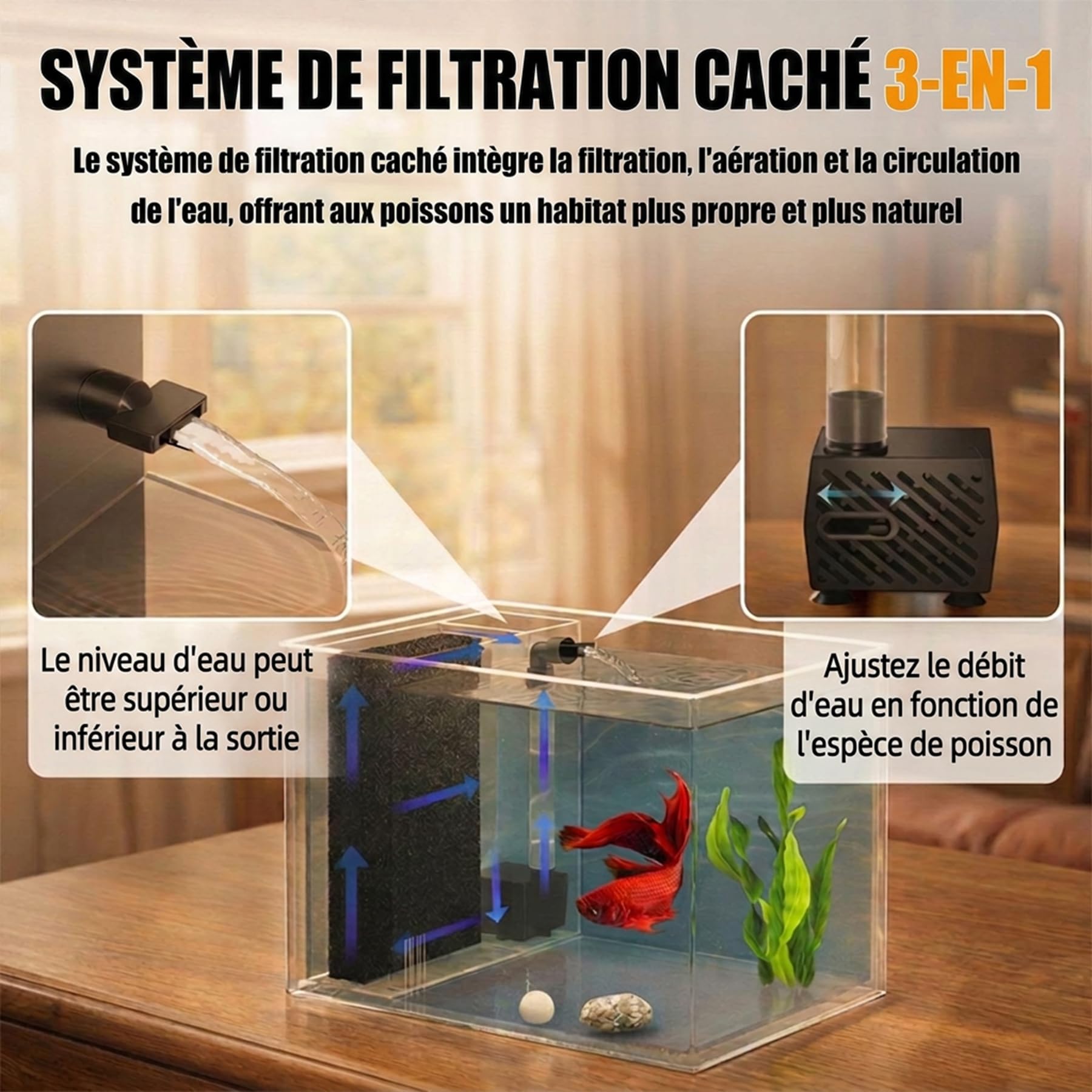 Petit Aquarium Complet 3,7L, Aquarium Betta en Acrylique avec Pompe de Filtration et éclairage LED, Idéal pour Les Petits Poissons, Les Crevettes et Les Plantes(Noir)