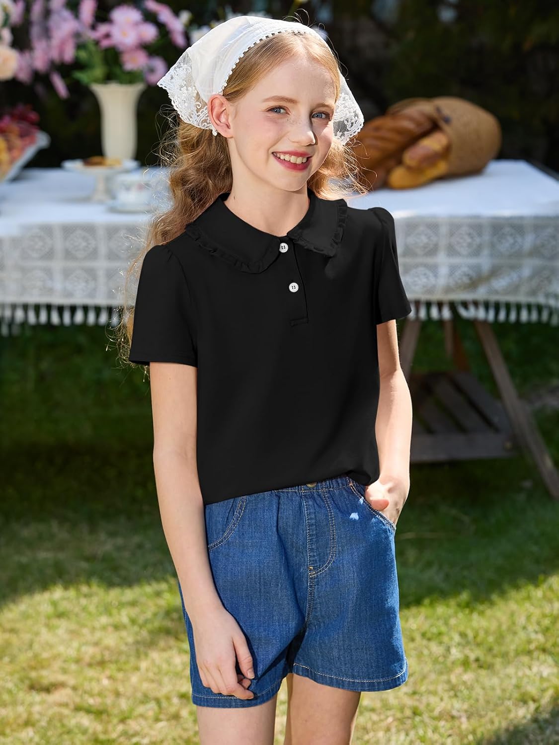 Haloumoning Girls Short Sleeve Polo Shirt Kids Cute Ruffle Peter Pan Collar School Uniform Shirts Tops 5-14 Years - Image 2
