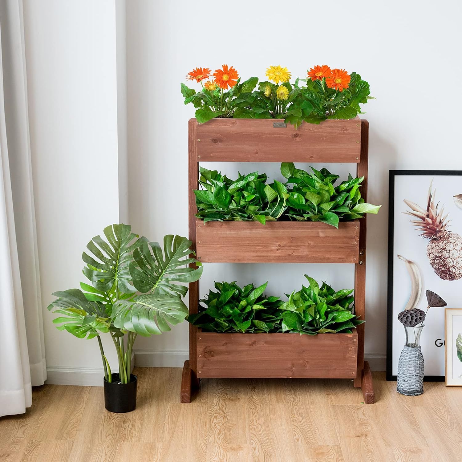 RELAX4LIFE Huerto Urbano de Madera de Abeto con 3 Macetas, Jardinera Vertical con Inclinación Ajustable y 2 Agujeros de Drenaje para Verduras, Flores, Frutas, Hierbas, Soporte Plantas, 71x38x105cm