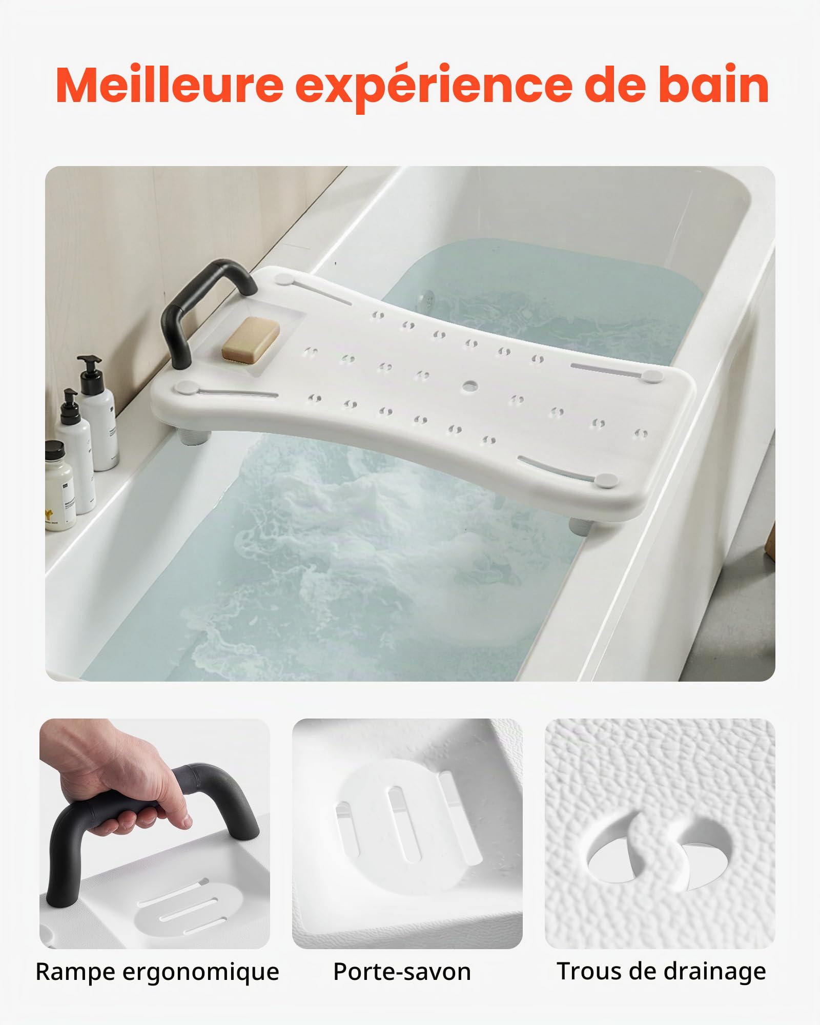VEVOR Planche de Bain, Banc de Transfert pour Baignoire avec Poignée, Capacité de 150 kg, Pieds Antidérapants Réglables pour Adultes, Personnes Âgées et Handicapés, pour Baignoires de 41 cm à 62 cm