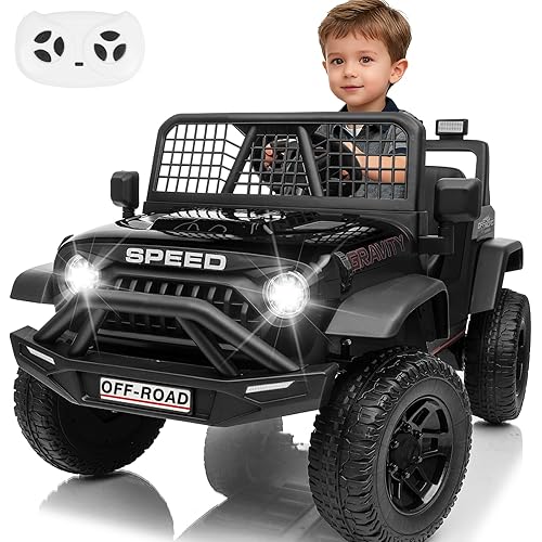 24V Jeep Power Wheels w/Remote Control, 4WD Ride on Truck Car, 3 Speed, Bluetooth Music, Wide Seat, Spring Suspension, LED Light, Birthday for Boys Girls Toddler (D-Black)