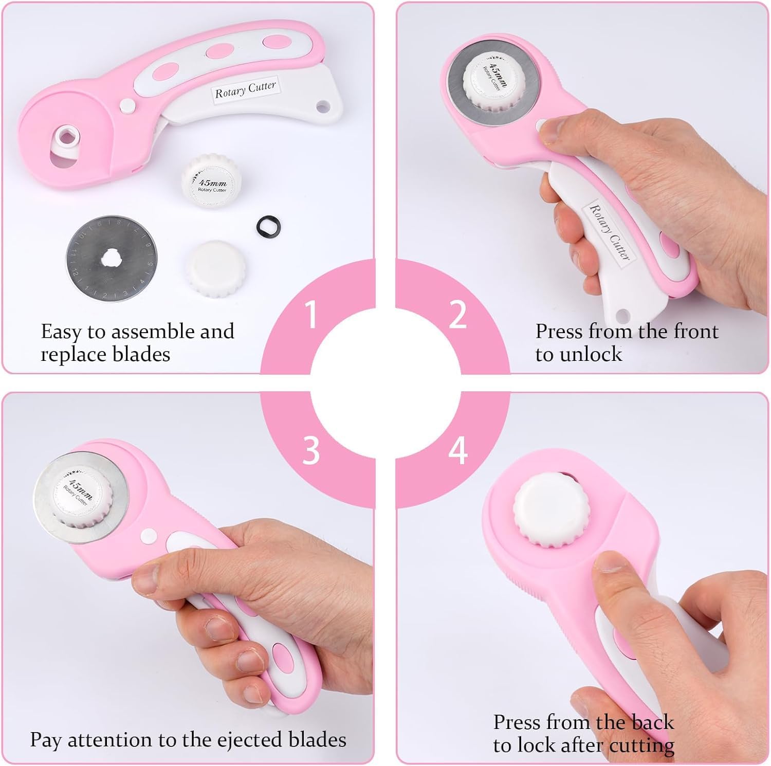 45mm Rotary Cutter for Fabric with 5pcs Extra Blades, Ergonomic Handle Rolling Cutter with Safety Lock for Fabric for Leather, Sewing, Quilting, Rotary Cutter Perfect for Left & Right Hand (Pink) - 4