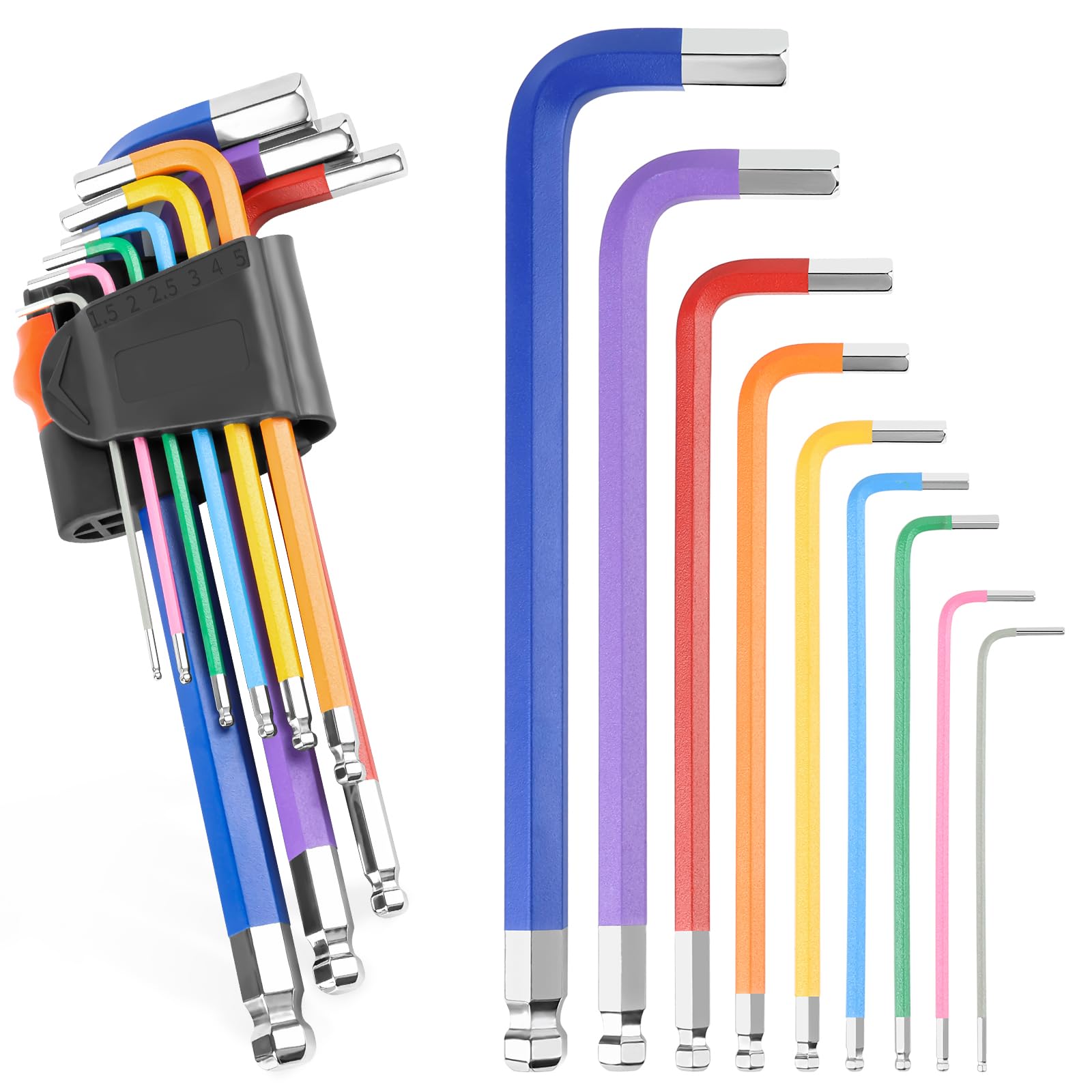 pesutei 9Pcs Allen Key Set, 1.5-10MM Metric Allen Key Set, Anti-Slip Long Ball-End Hex Key Set, Color Coding for Bike, Vehicles, Furniture Assembly