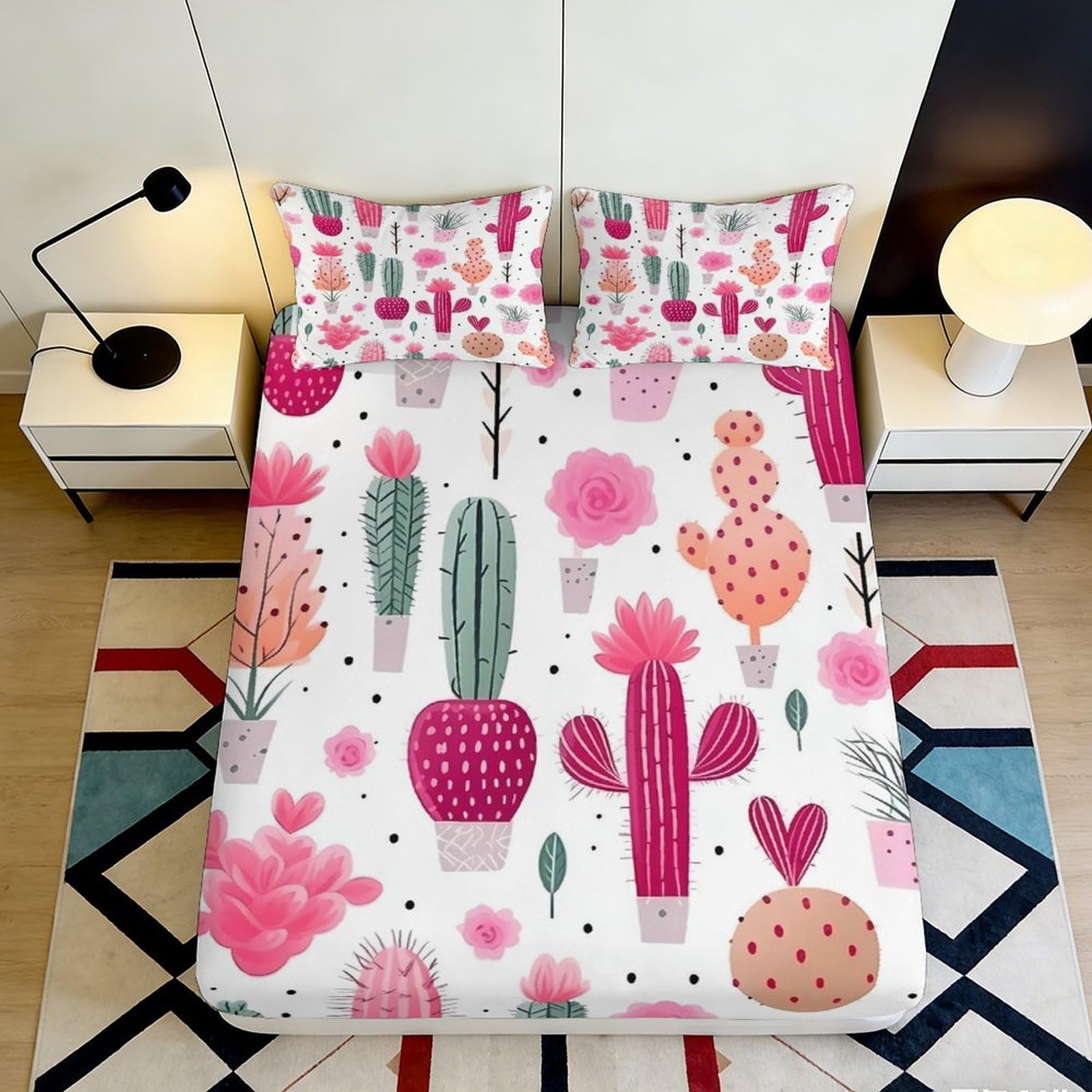 Decorative cactus print Fitted Sheet 3D Printed soft touch Microfiber for bedroom guest room durable wrinkle resistant apartment bedding 90x200x25cm