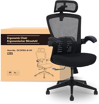 FLEXISPOT Ergonomic Office Chair with 3 D Headrest and Height-Adjustable Backrest Folding PU Armrests W-Shaped Foam Seat 135° Back Adjustment Maximum Load 150 kg (Black)