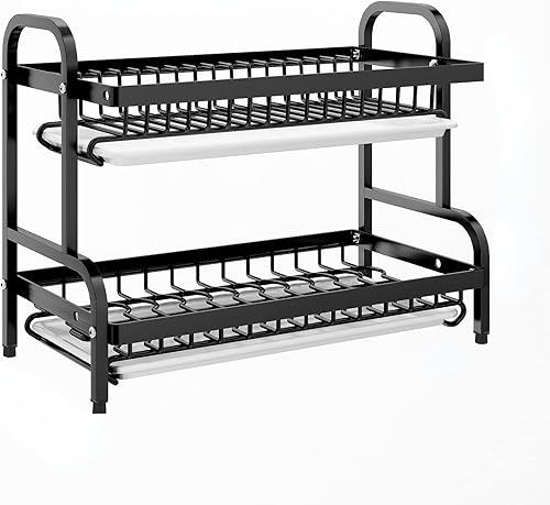 Estante de secado para encimera de cocina estante de secado de platos de metal negro de 2 niveles con soporte para utensilios soporte para tabla de