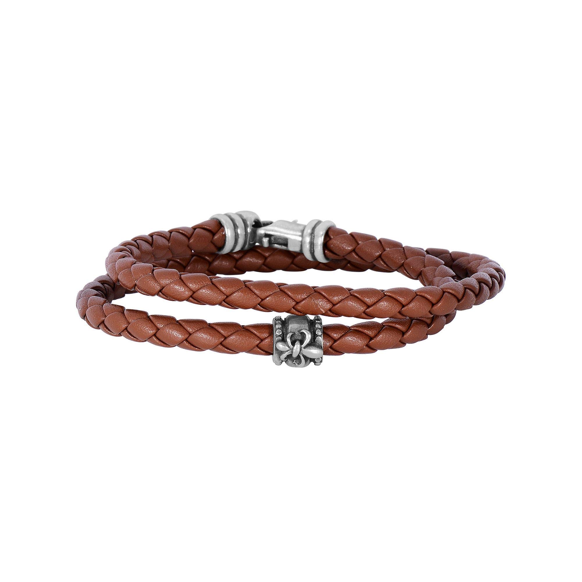 Phillip GavrielSterling Silver and Oxidized Fleur De Lis Symbol Brown Leather Bracelet, 8"